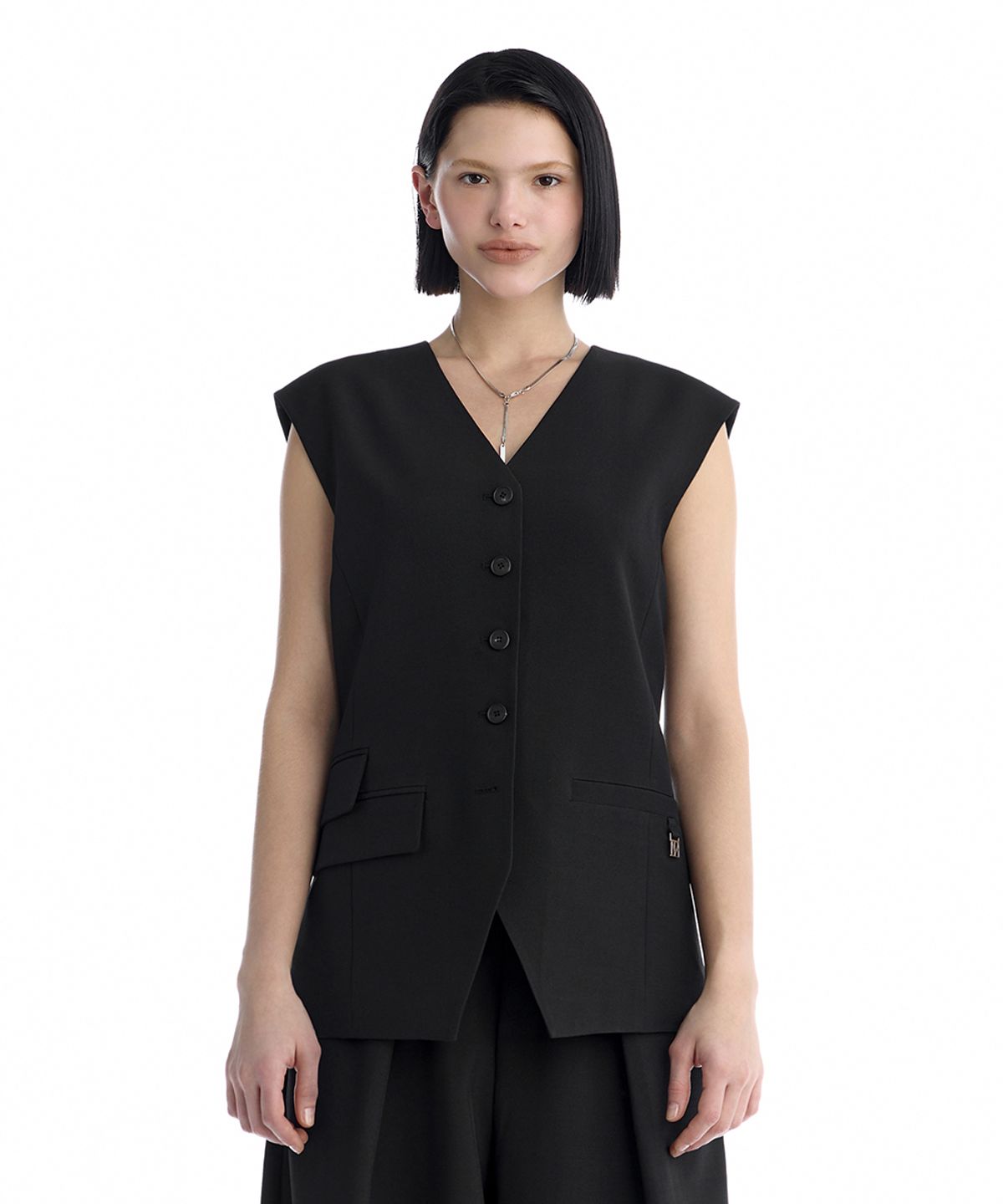 트리밍버드(TREEMINGBIRD) Minimal Button-Detail Set-Up Vest [ Black ]