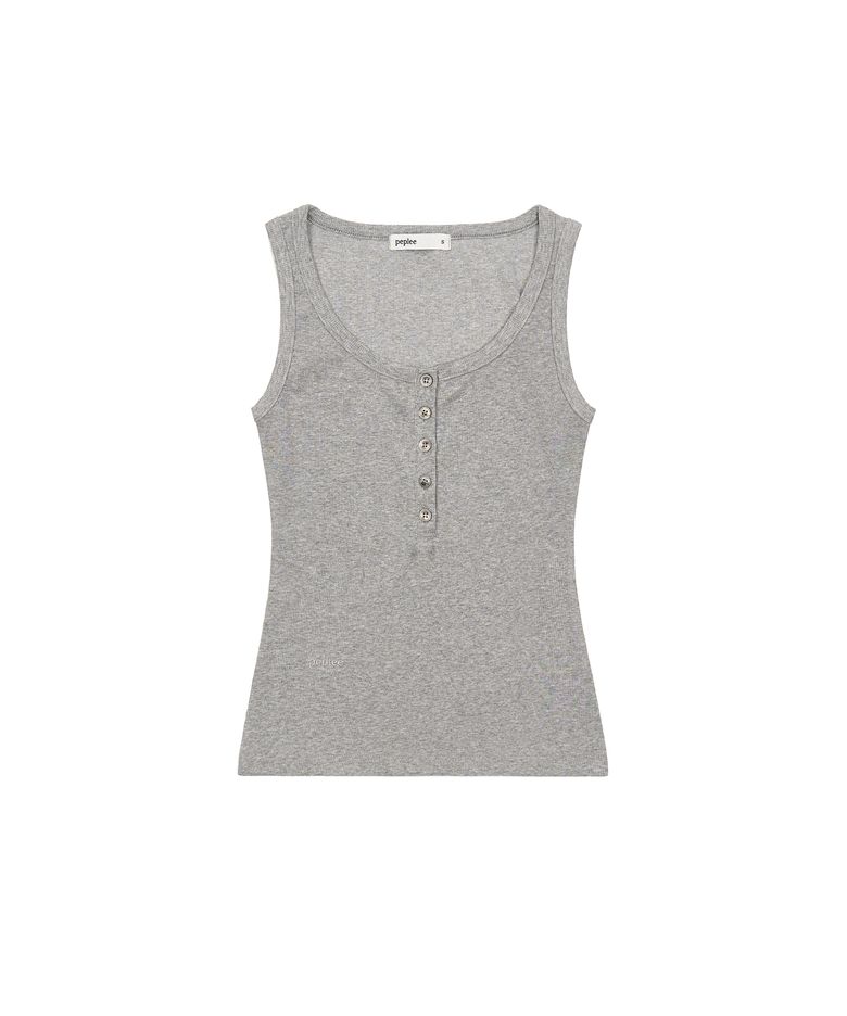Button Henley Neck Sleeveless Top (Grey)