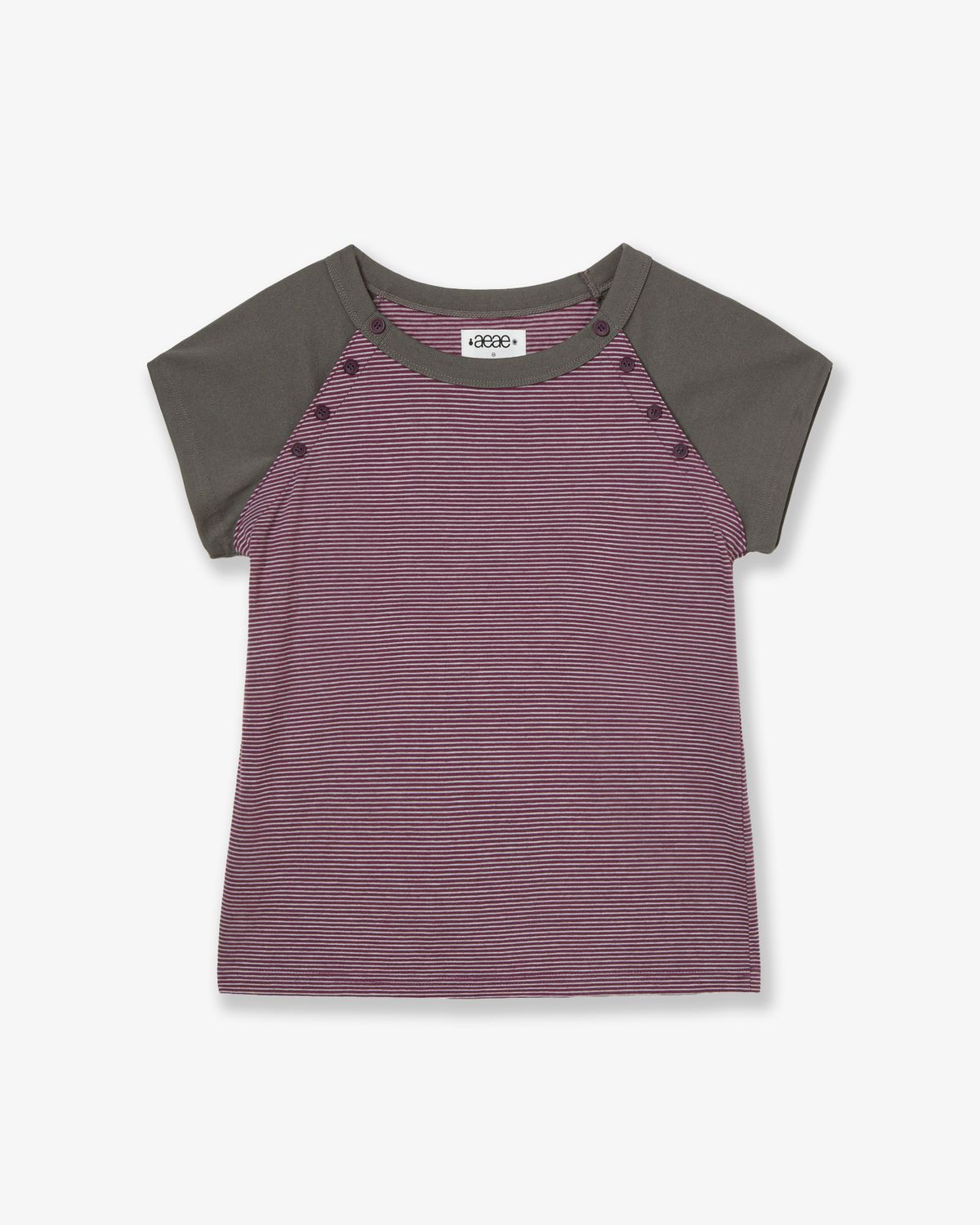 에이이에이이(AEAE) STRIPE BUTTON RAGLAN TEE [PURPLE]