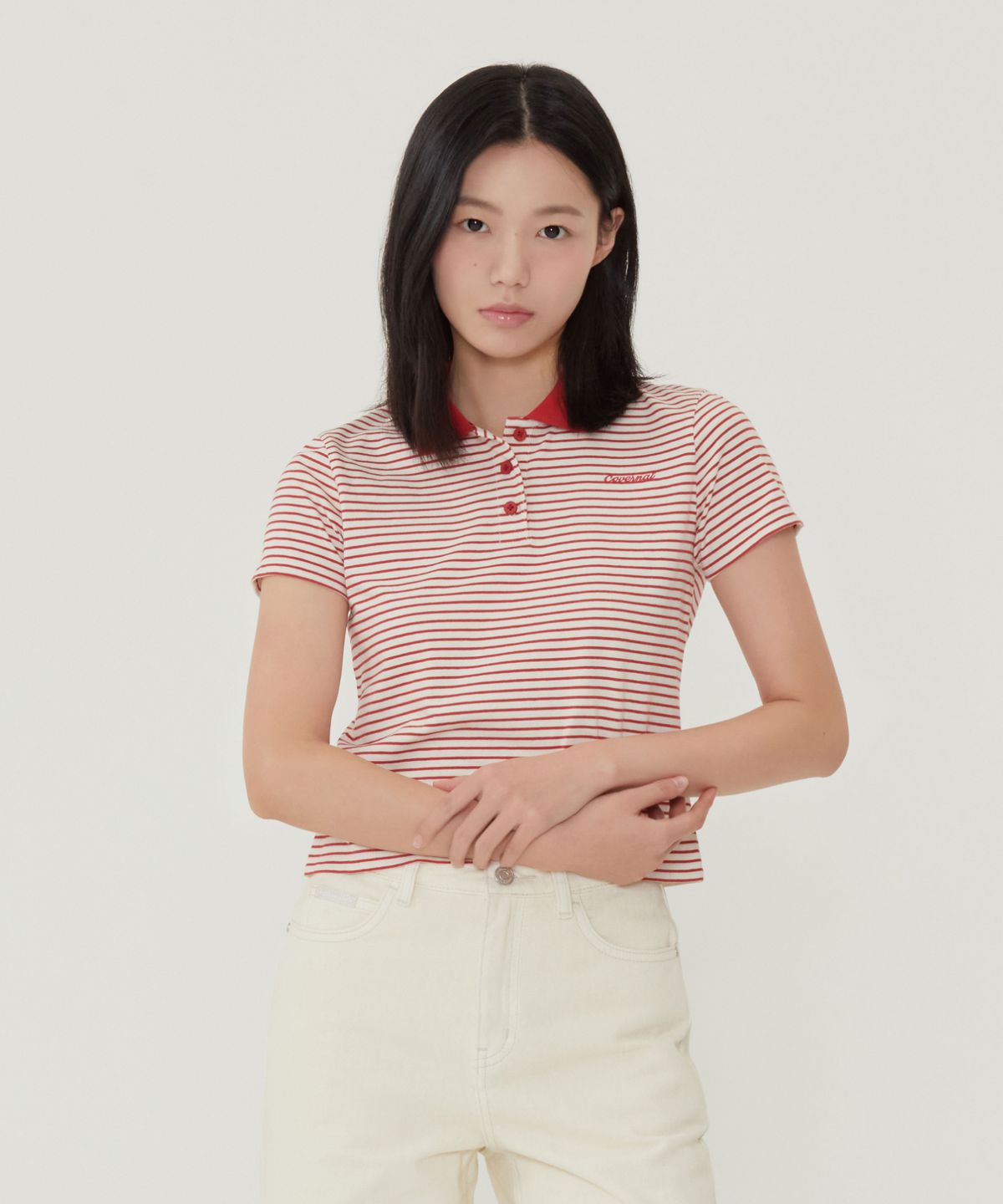 커버낫 우먼(COVERNAT WOMAN) 우먼 슬림 스트라이프 티셔츠 레드