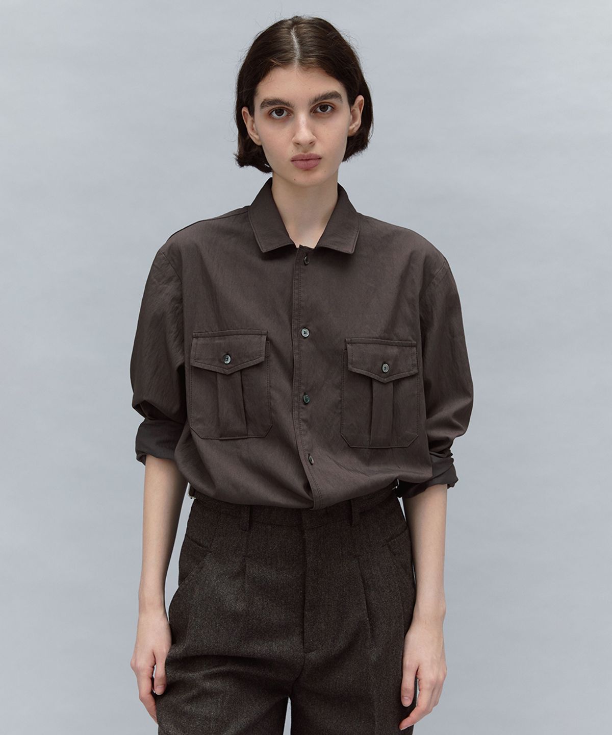 아우브아워(AUBOUR) wrinkled signature shirts (brown)