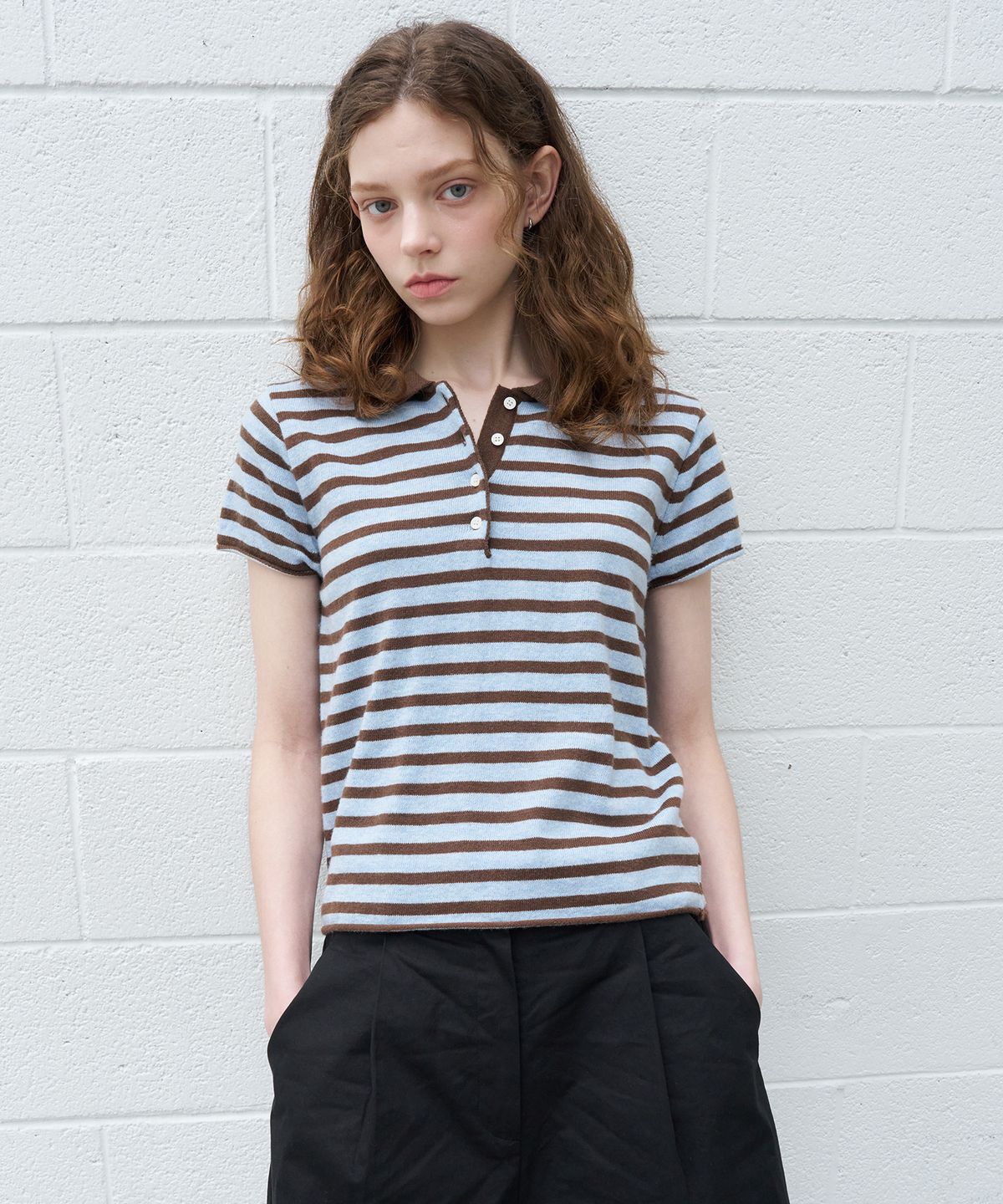 노운베러(KNOWNBETTER) Mini-stripe cap sleeve knit [KNSS06KN02]_Brown
