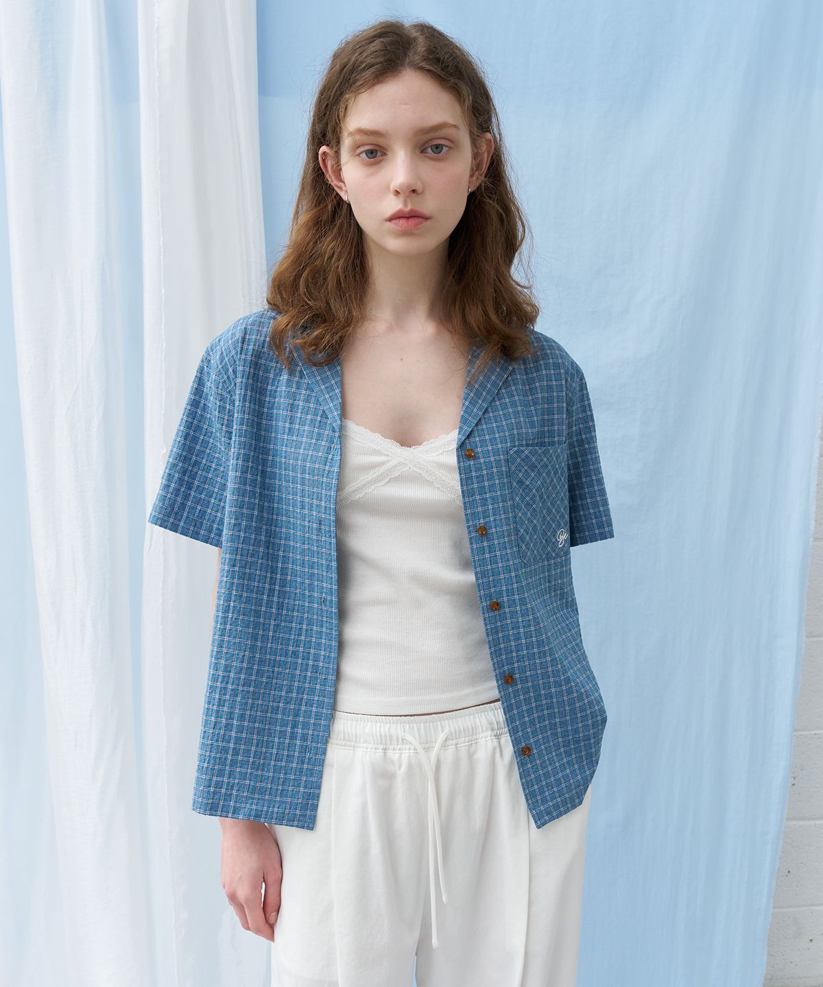 노운베러(KNOWNBETTER) Stitched check half shirt [KNSS06SH06]_Blue