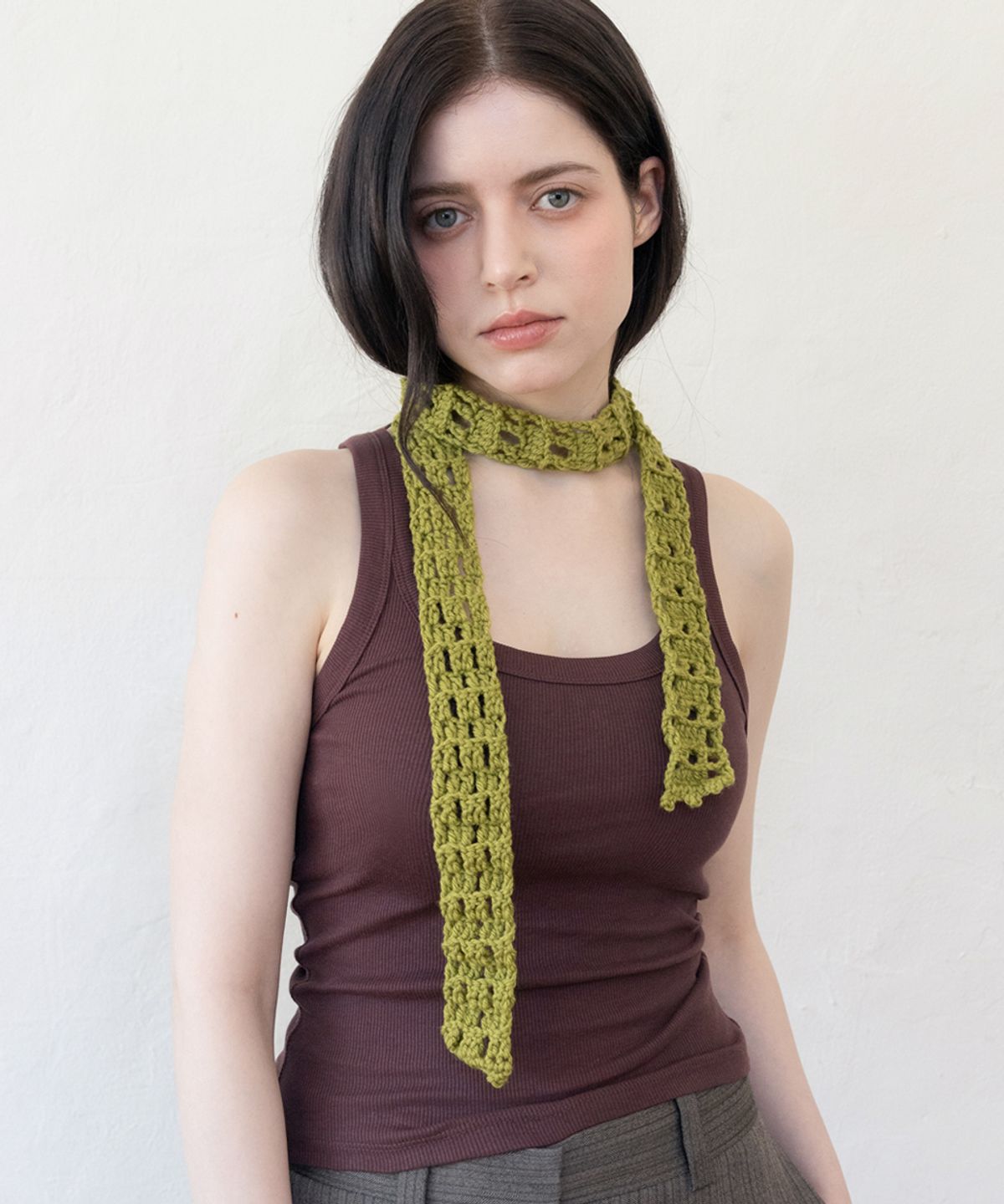메리모티브(MERRYMOTIVE) Soft crochet knit long scarf (Olive green)