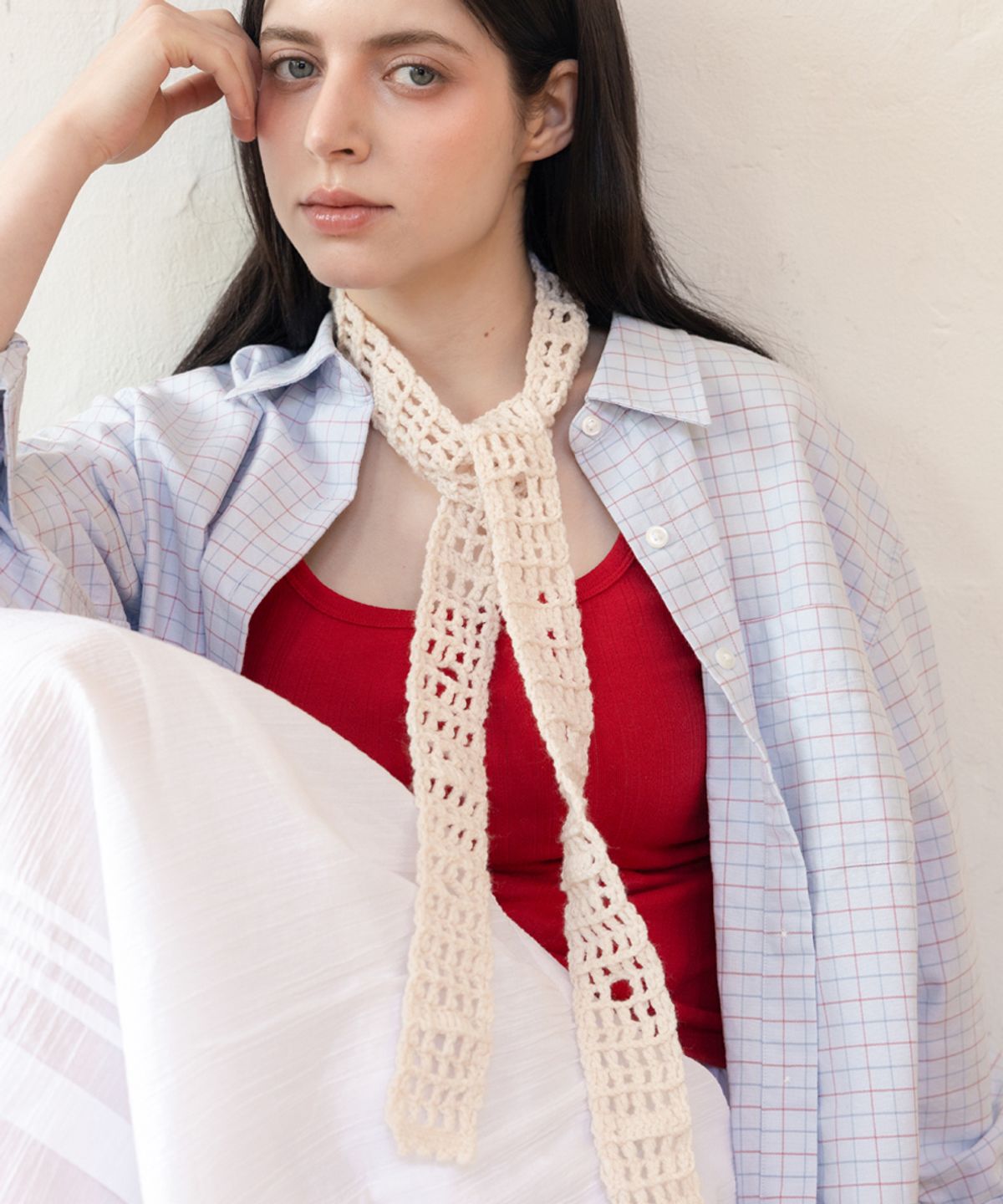 메리모티브(MERRYMOTIVE) Soft crochet knit long scarf (Off white)