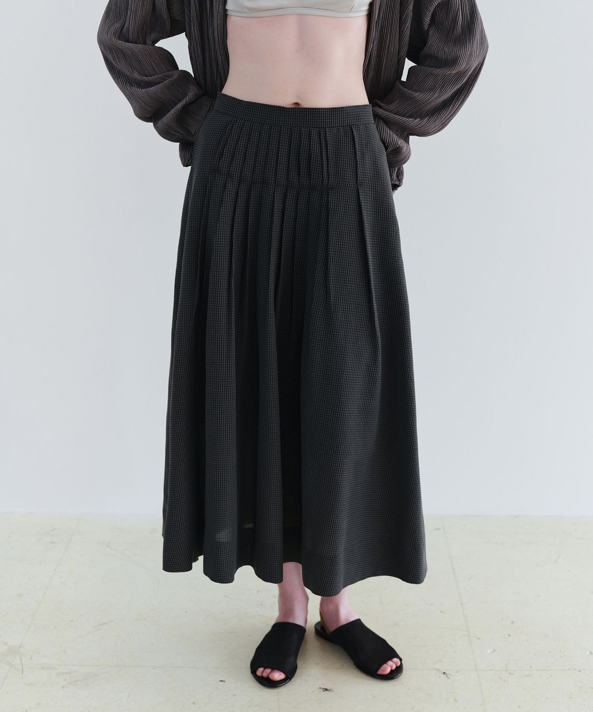 아우브아워(AUBOUR) asym pleats skirt (check grey)