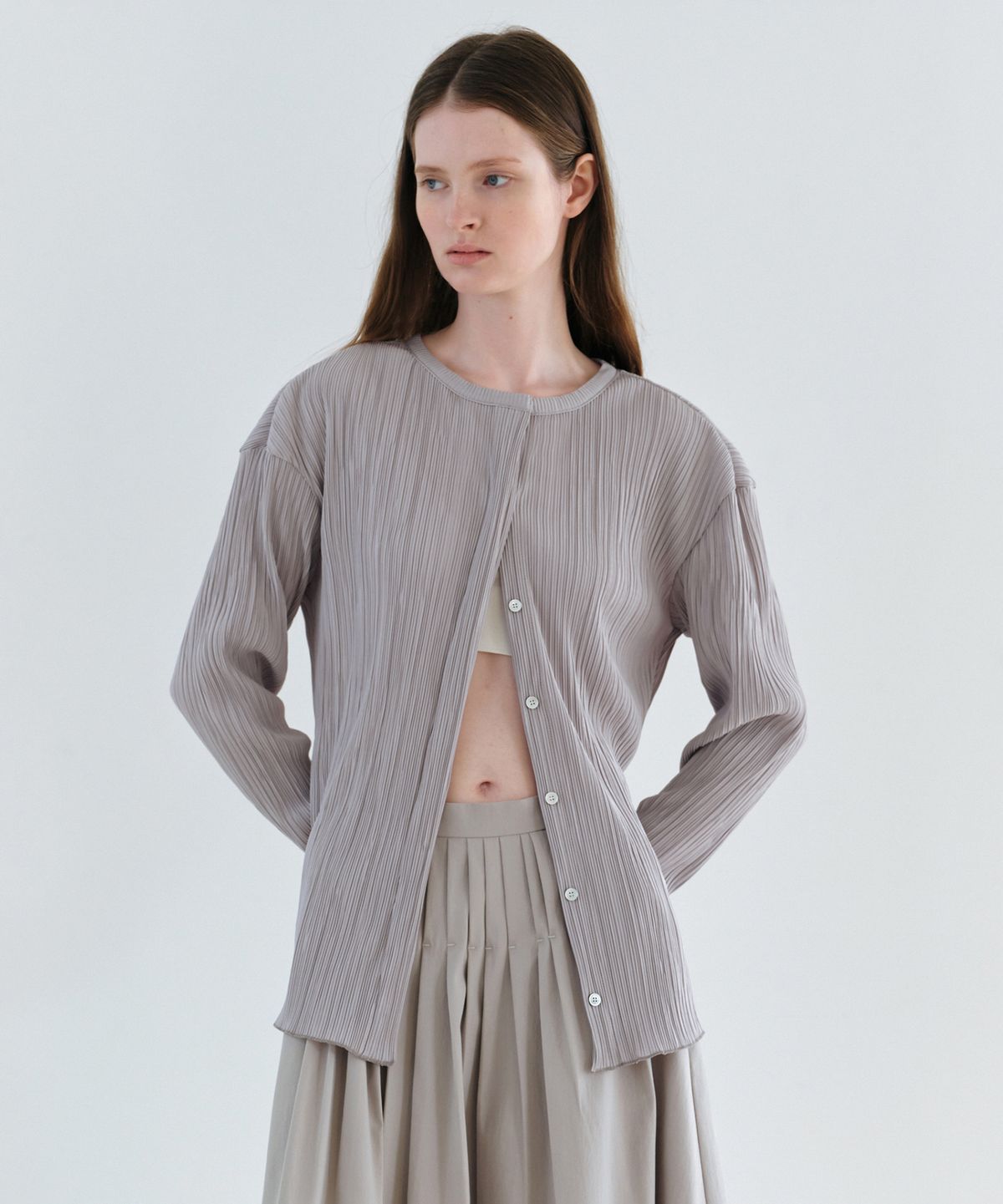 아우브아워(AUBOUR) hidden pleats blouse (lilac grey)