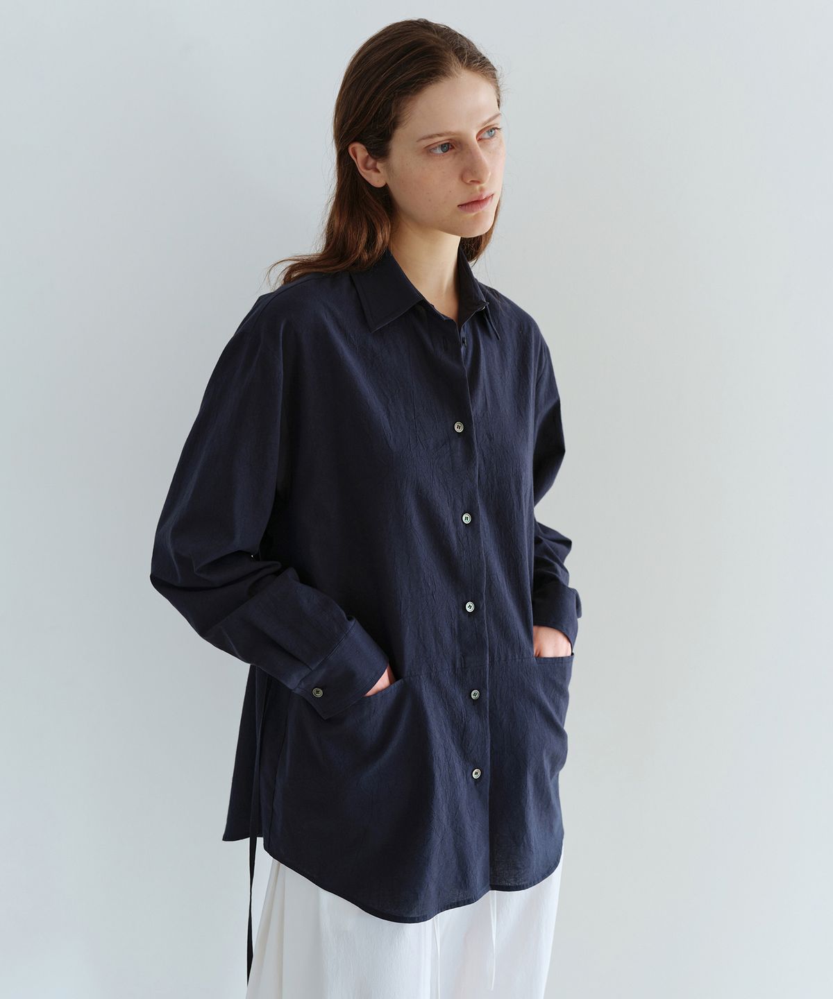 아우브아워(AUBOUR) ease belted shirt (navy)