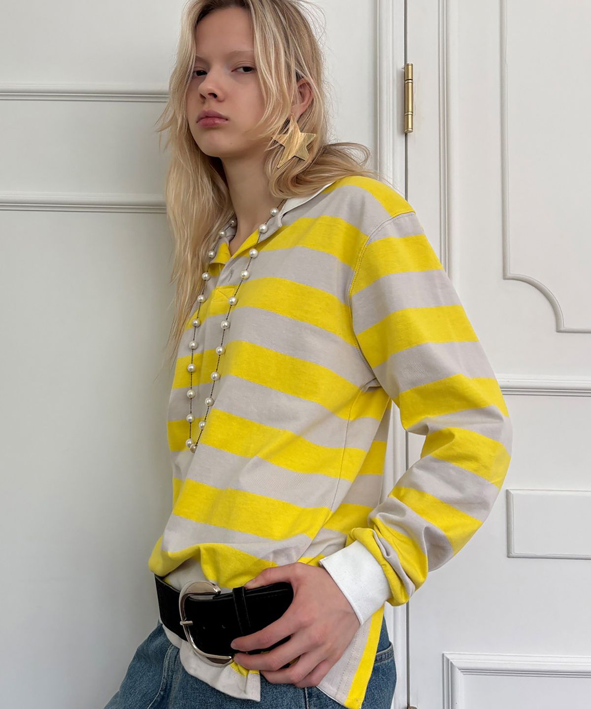 저스트하우스(JUSTHAUS) WIDE STRIPE RUGBY SHIRT, YELLOW