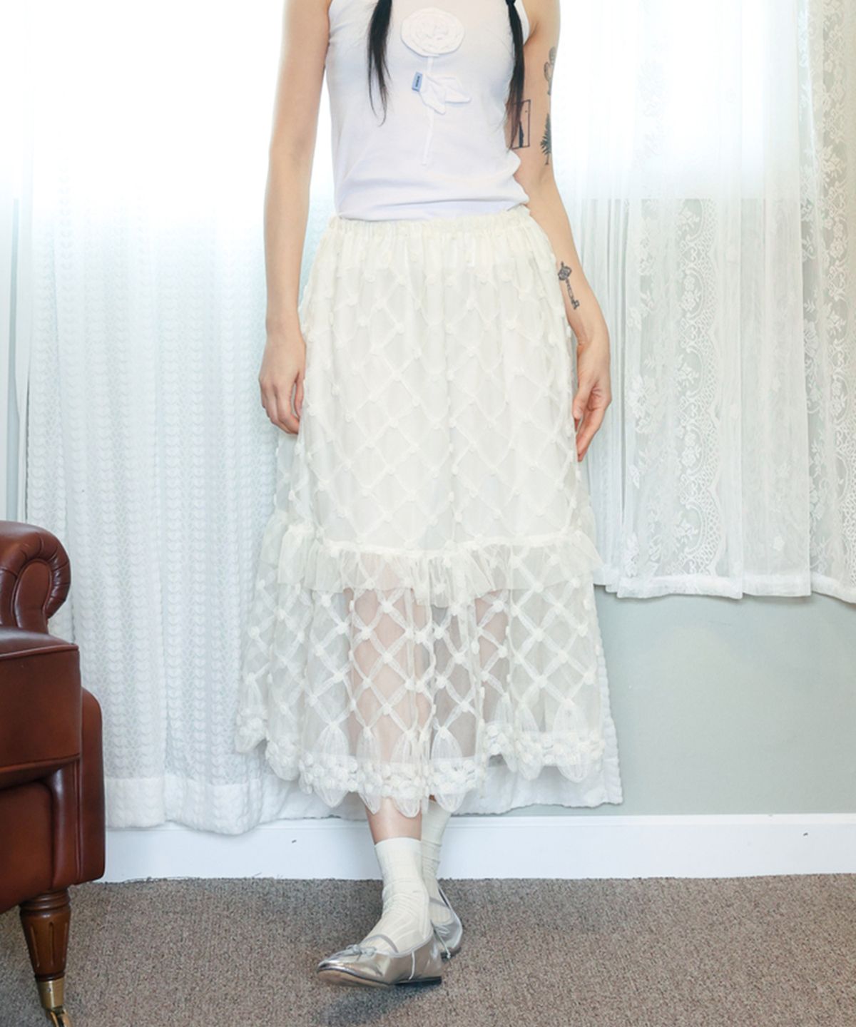 소르디(SORDI) Mesh Layered Skirt_cream