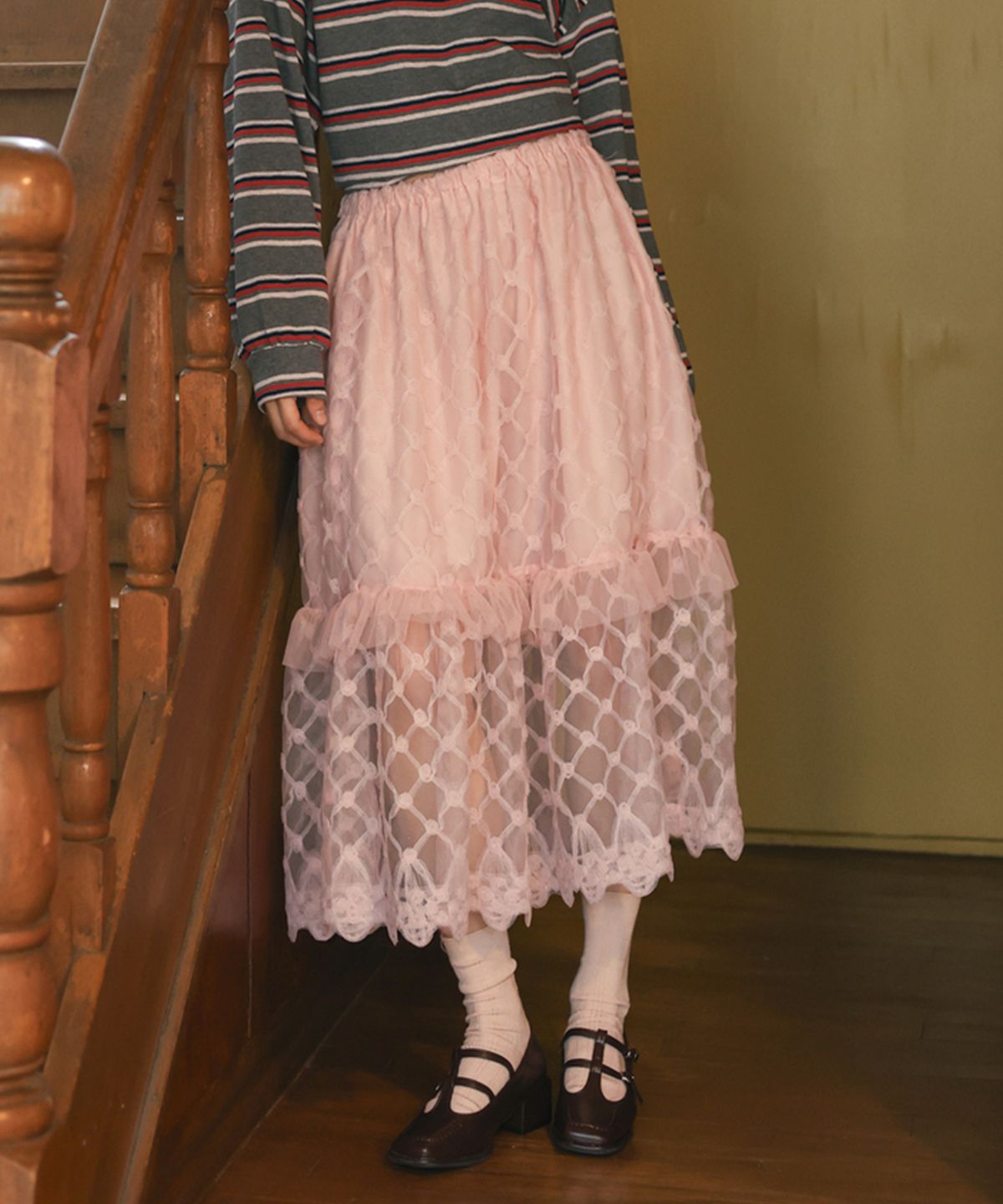 소르디(SORDI) Mesh Layered Skirt_pink