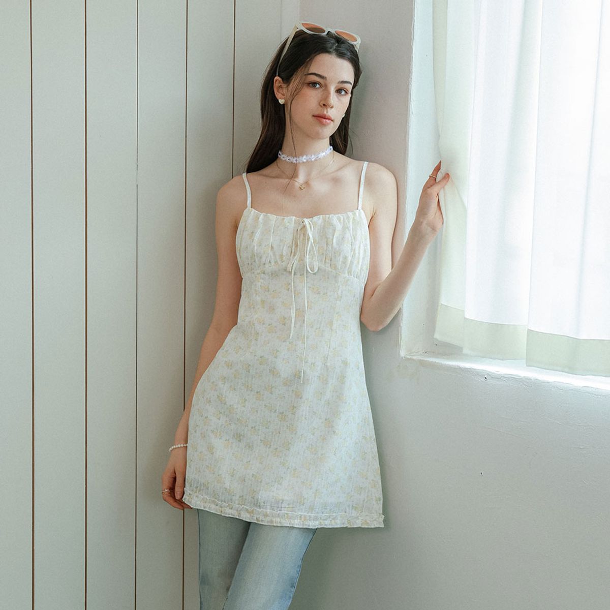 던드롭(DUNDROP) DD_Ditsy floral ribbon mini dress_2color