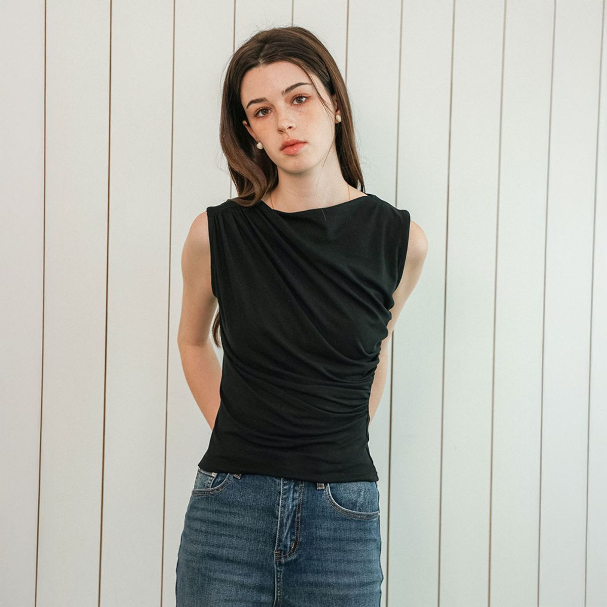 던드롭(DUNDROP) DD_Shirring drape sleeveless top_3color