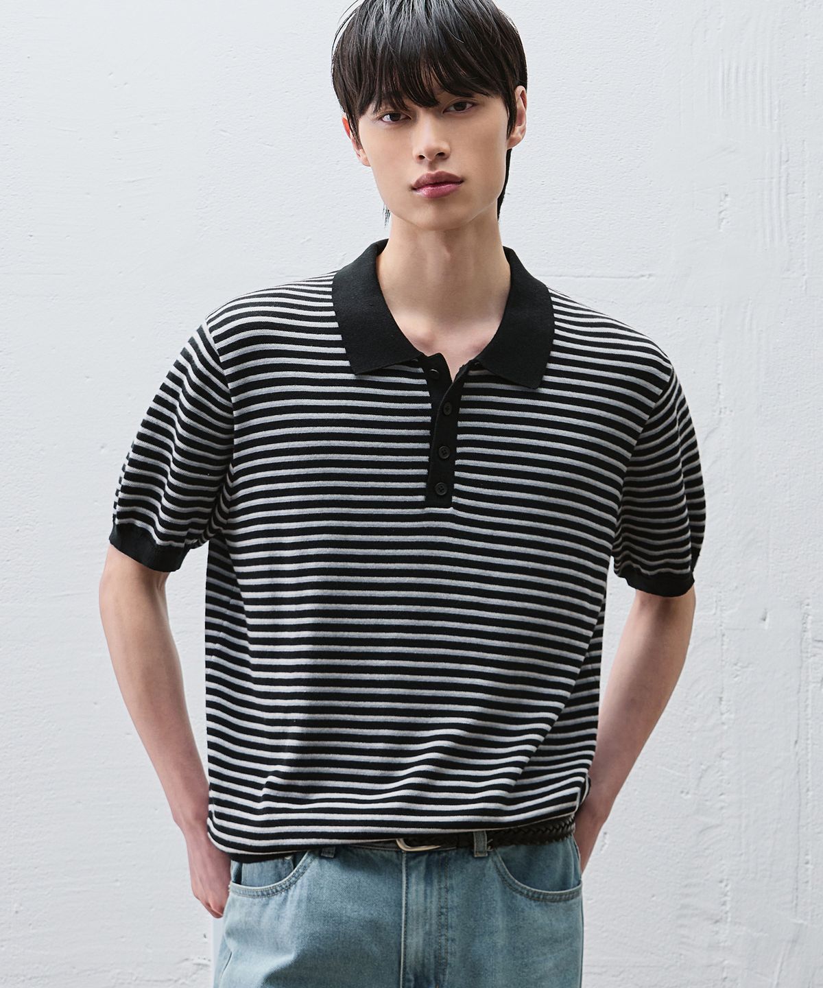드로우핏(DRAW FIT) 리포즈 스트라이프 폴로 니트 [BLACK]
