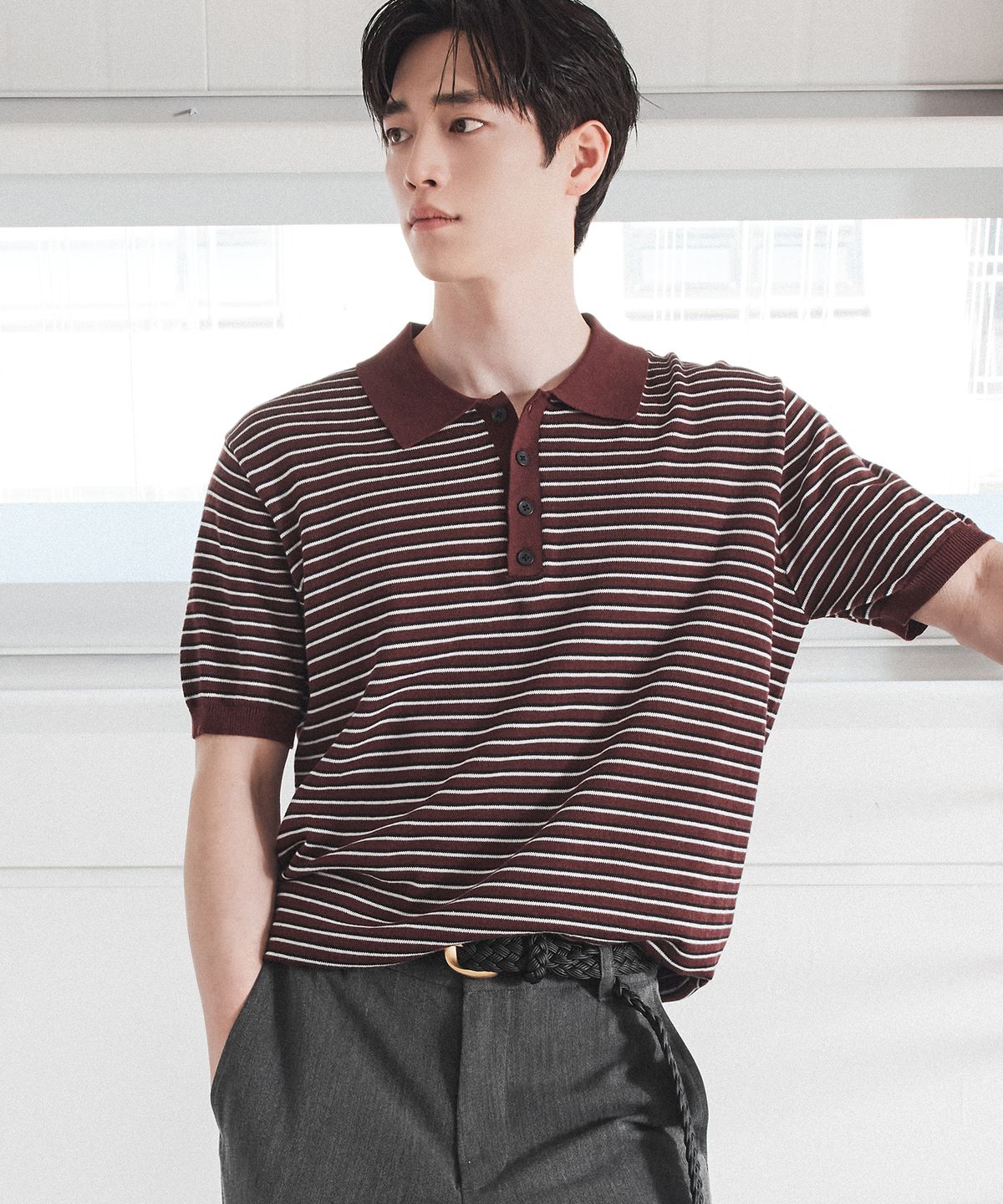 드로우핏(DRAW FIT) 리포즈 스트라이프 폴로 니트 [BURGUNDY]