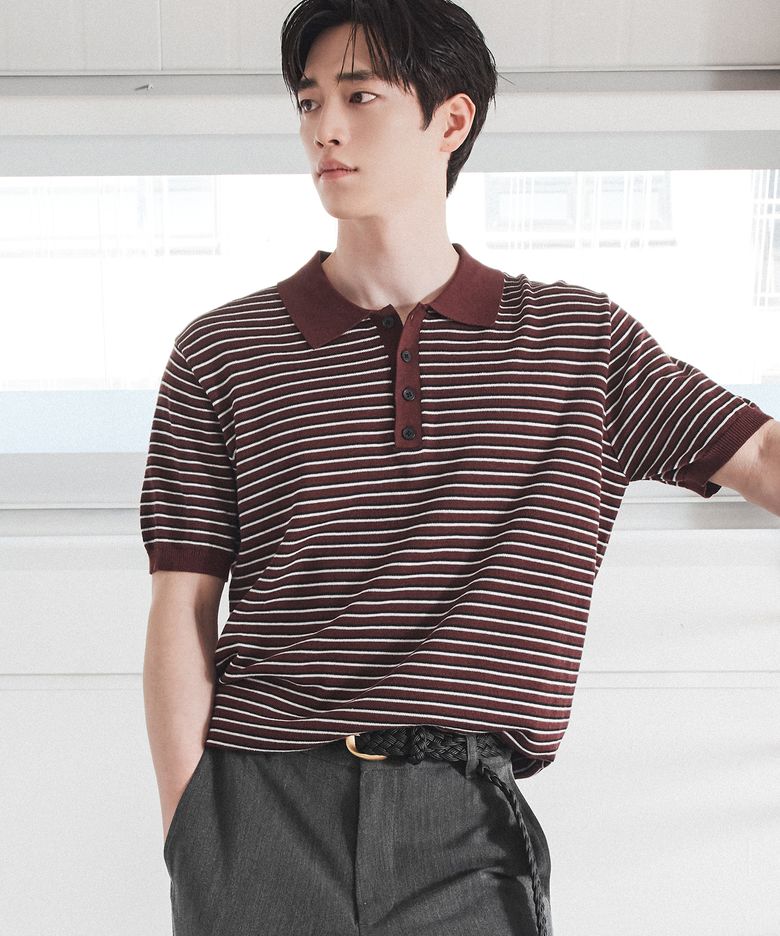 [서강준 PICK] 리포즈 스트라이프 폴로 니트 [BURGUNDY]