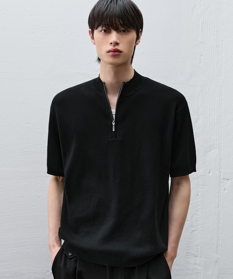 [크롭] 어베인 리브드 하프 집업 니트 [BLACK]
