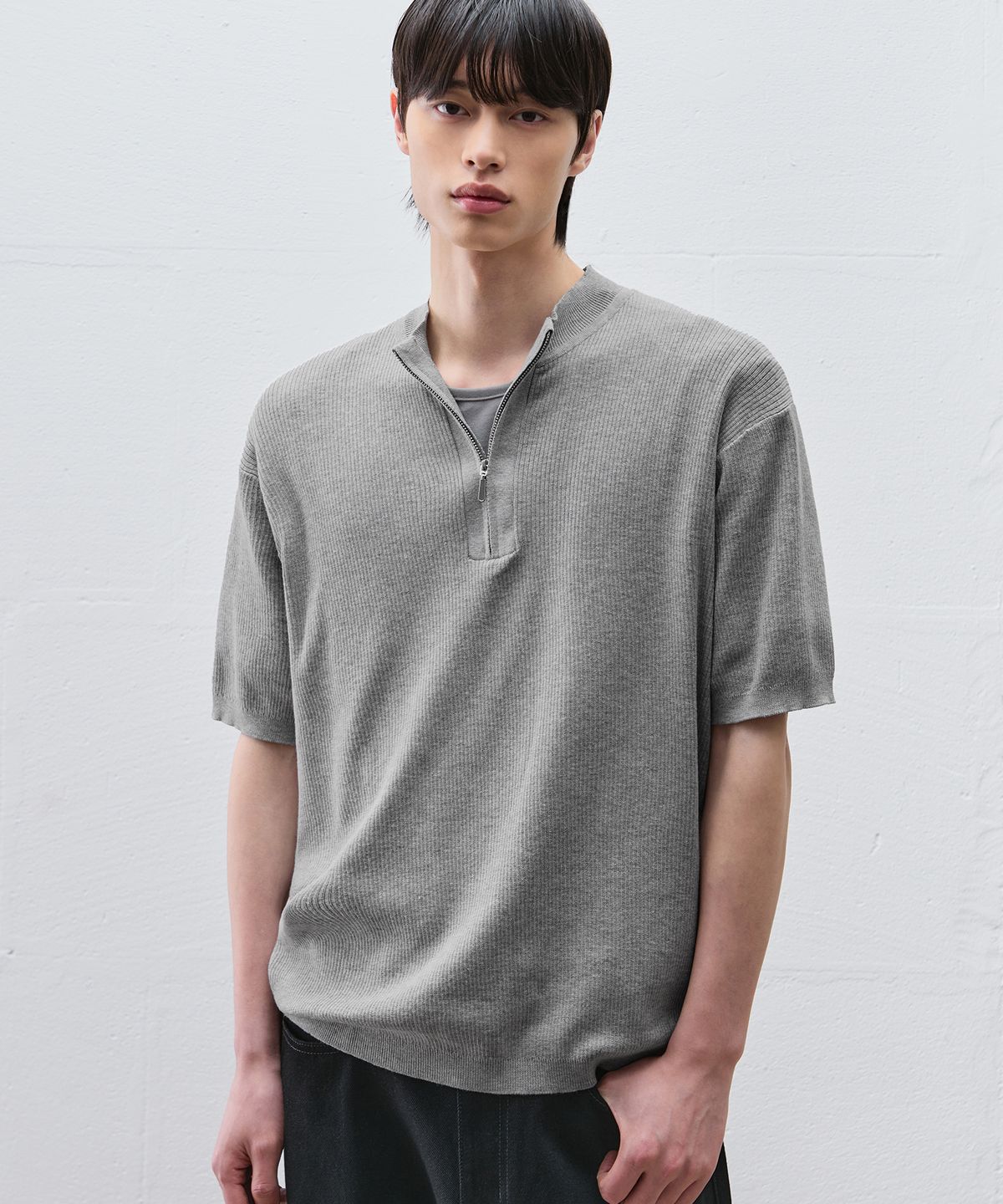 드로우핏(DRAW FIT) 어베인 리브드 하프 집업 니트 [MELANGE GREY]