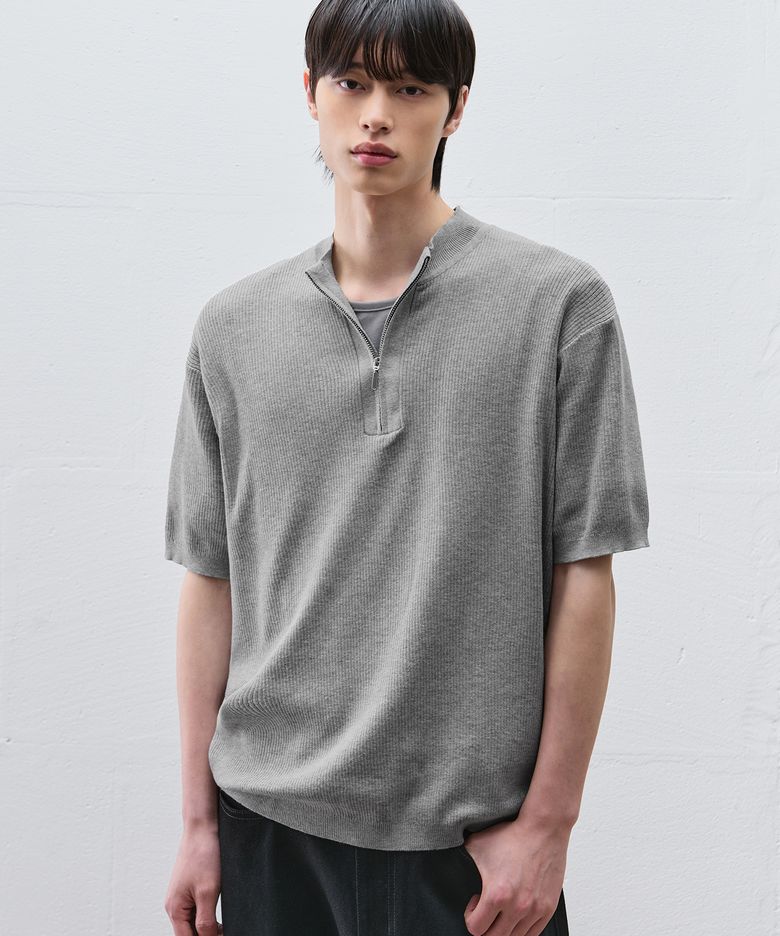 [크롭] 어베인 리브드 하프 집업 니트 [MELANGE GREY]