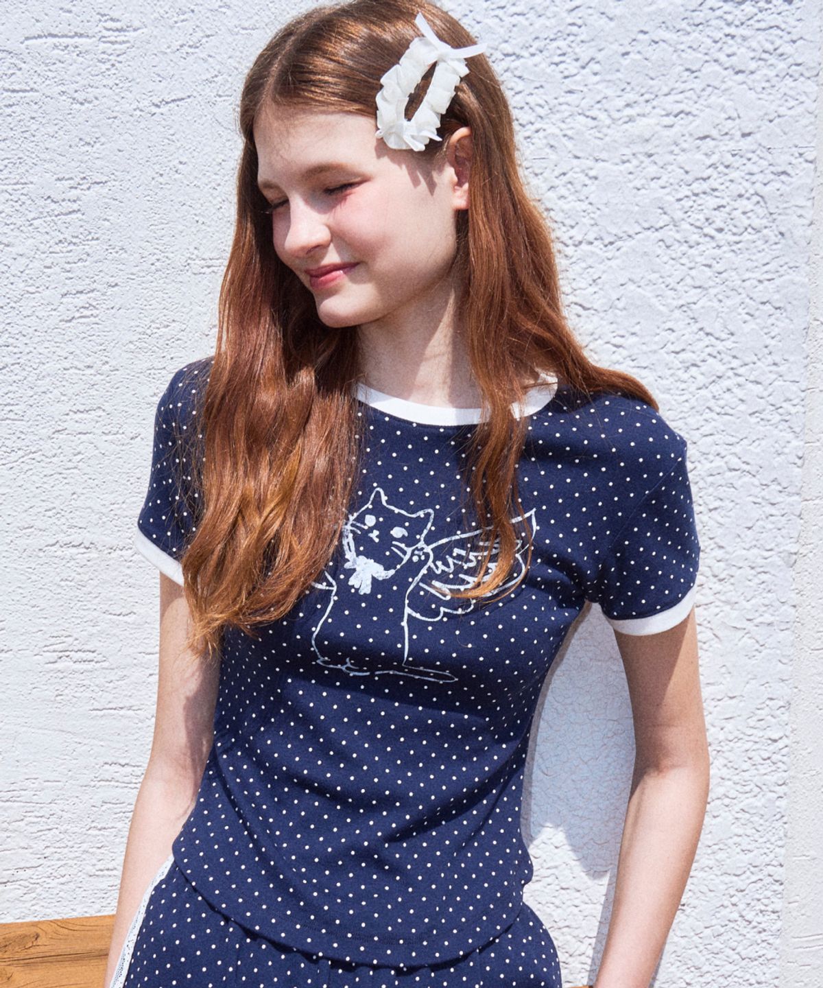 로긴 앤 로지(ROGIN N ROSIE) Angel Cat Dot Ringer T-shirt Navy