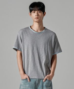 M1086 로우컷 배색 라운드 반팔 티셔츠_그레이
