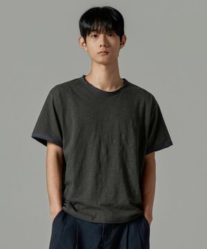 M1086 로우컷 배색 라운드 반팔 티셔츠_딥 그린