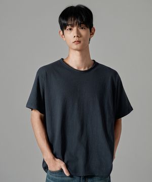 M1087 컷 오프 라운드 반팔 티셔츠_네이비