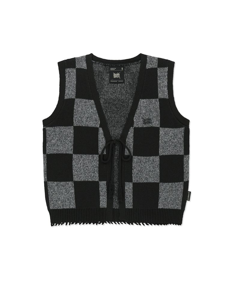 W TAG CHECK CROCHET VEST - BLACK
