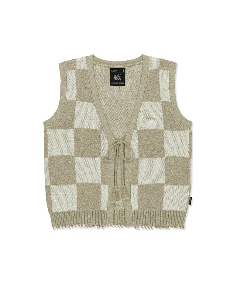 W TAG CHECK CROCHET VEST - BEIGE