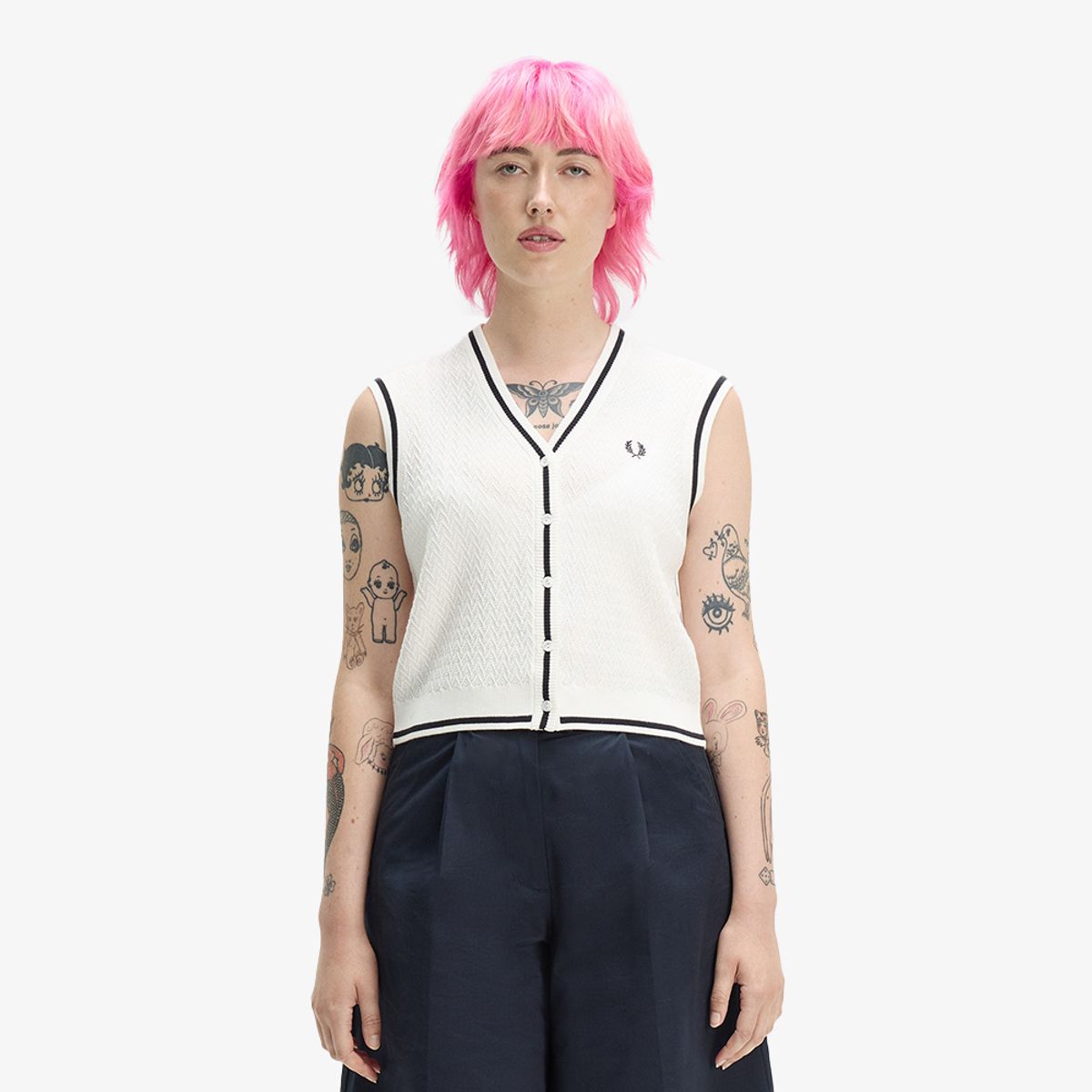 프레드페리(FRED PERRY) [Womens] 버튼 스루 텍스쳐드 니트 베스트 - 스노우 화이트 AFPF2612132-129