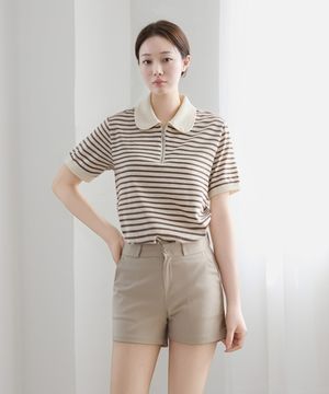 JS 집업 카라 반팔 티셔츠_브라운