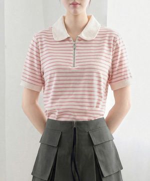 JS 집업 카라 반팔 티셔츠_핑크