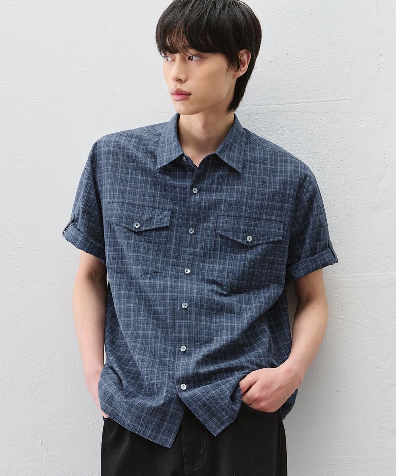 [크롭] 시어서커 체크 롤업 하프 셔츠 [NAVY]