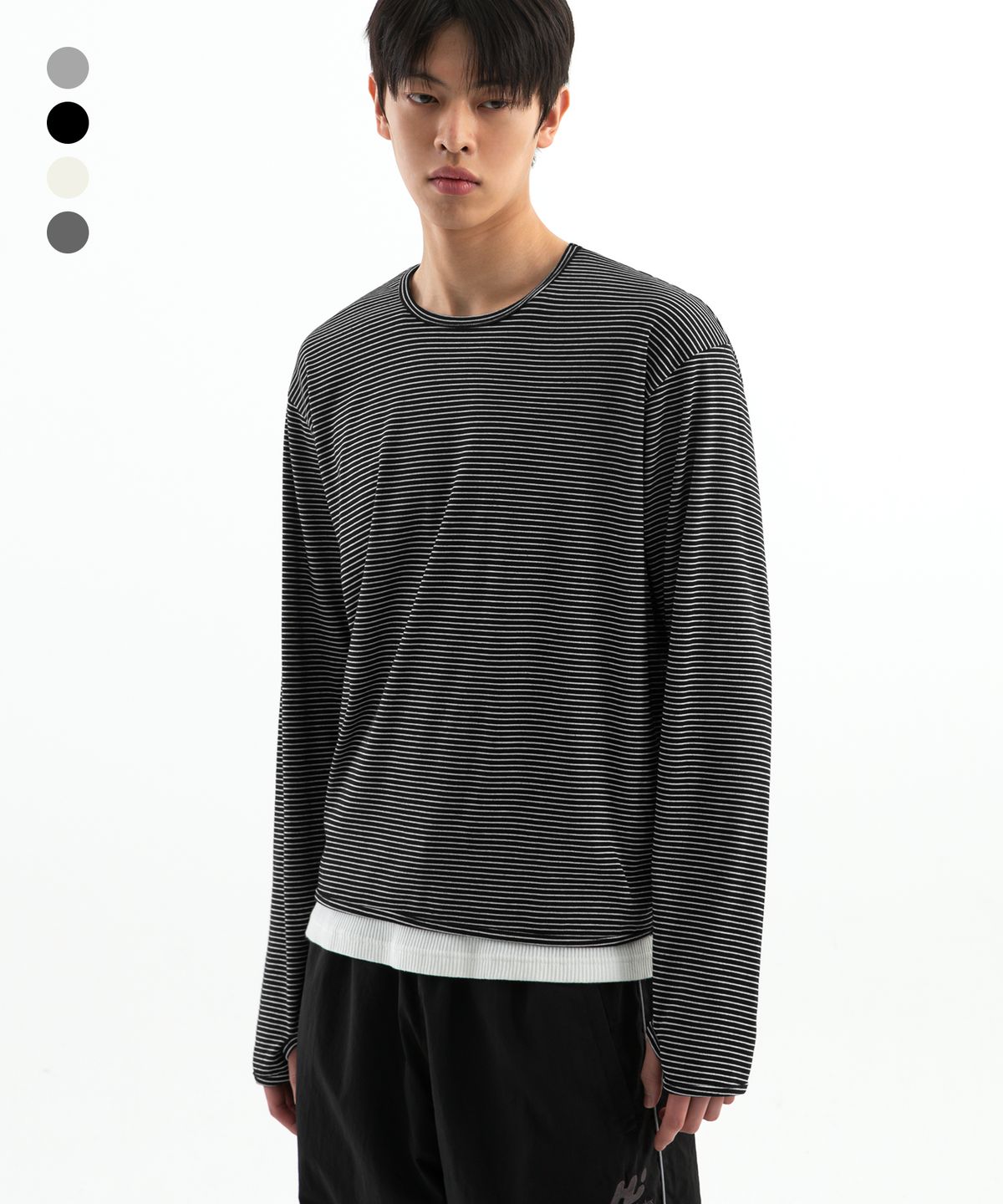 브렌슨(BRENSON) 스트라이프 핑거홀 라운드 롱슬리브 ( 4Color )