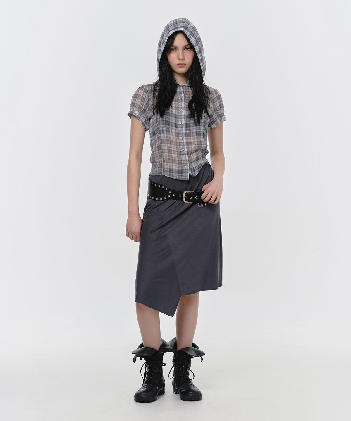 썬번프로젝트(SUNBURNPROJECT) SHEER CHECK HOODIE BLOUSE, GRAY