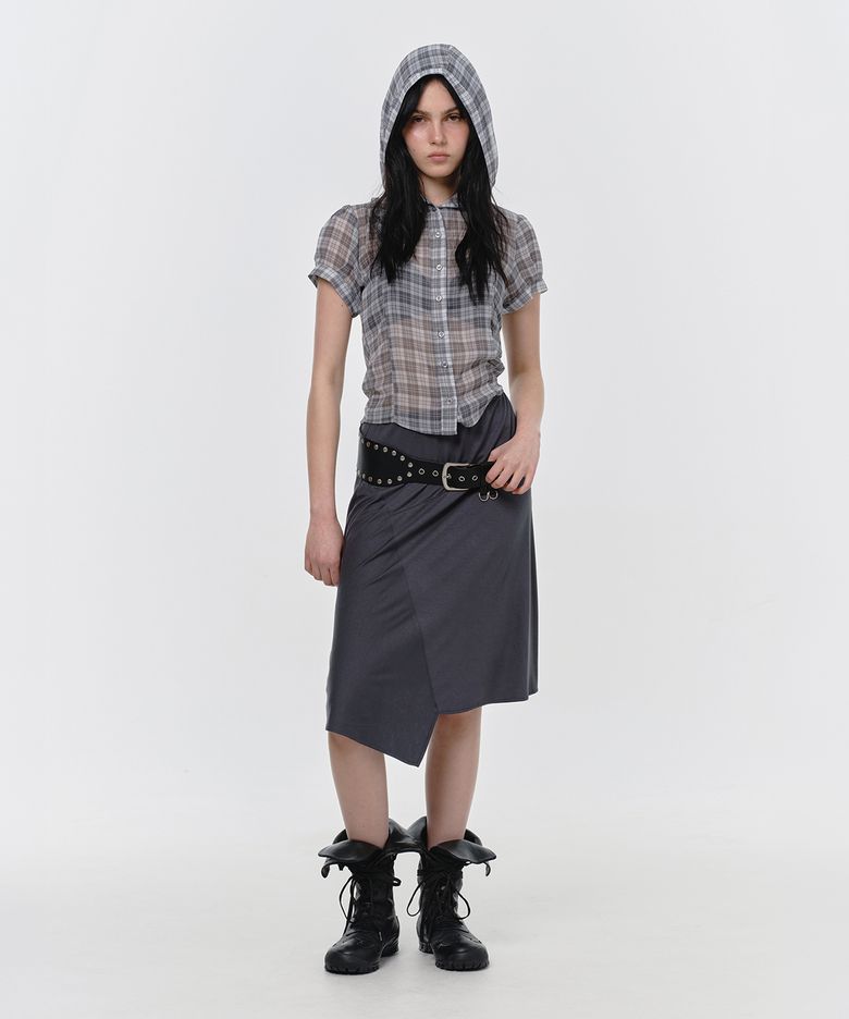 SHEER CHECK HOODIE BLOUSE, GRAY
