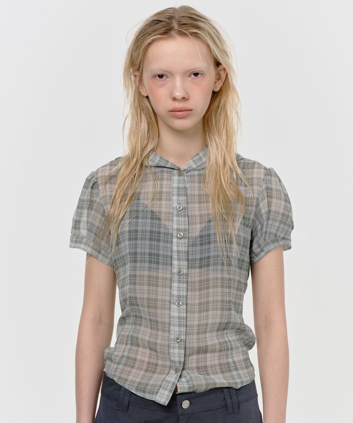 썬번프로젝트(SUNBURNPROJECT) SHEER CHECK HOODIE BLOUSE, KHAKI