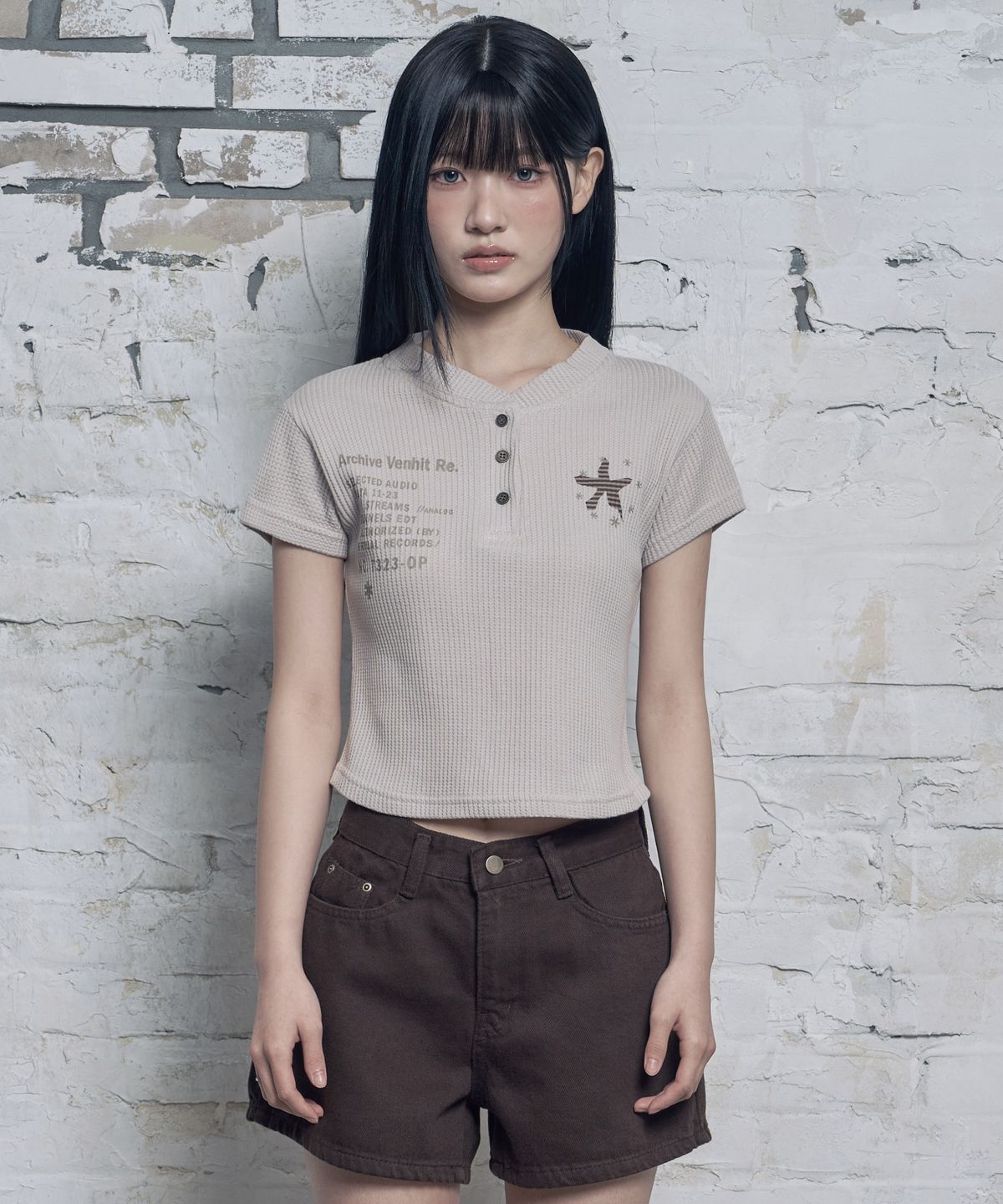 벤힛(VENHIT) starfish 헨리넥 와플 슬림핏 티셔츠