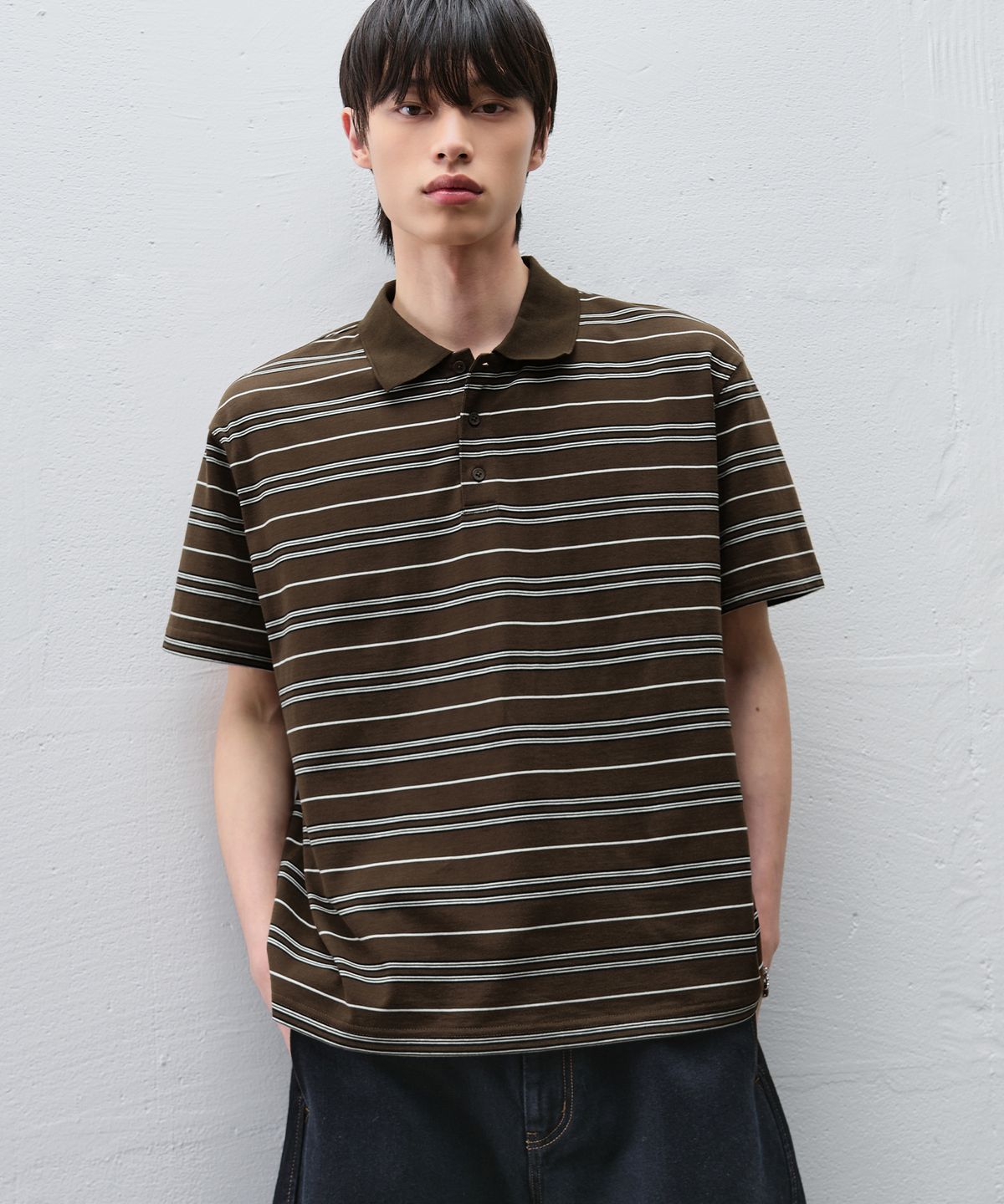 드로우핏(DRAW FIT) 스트라이프 브로드 피케 하프 티셔츠 [DARK BROWN]