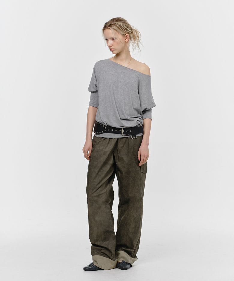 DRAPE OFF-SHOULDER ONE-PIECE, MELANGE GRAY