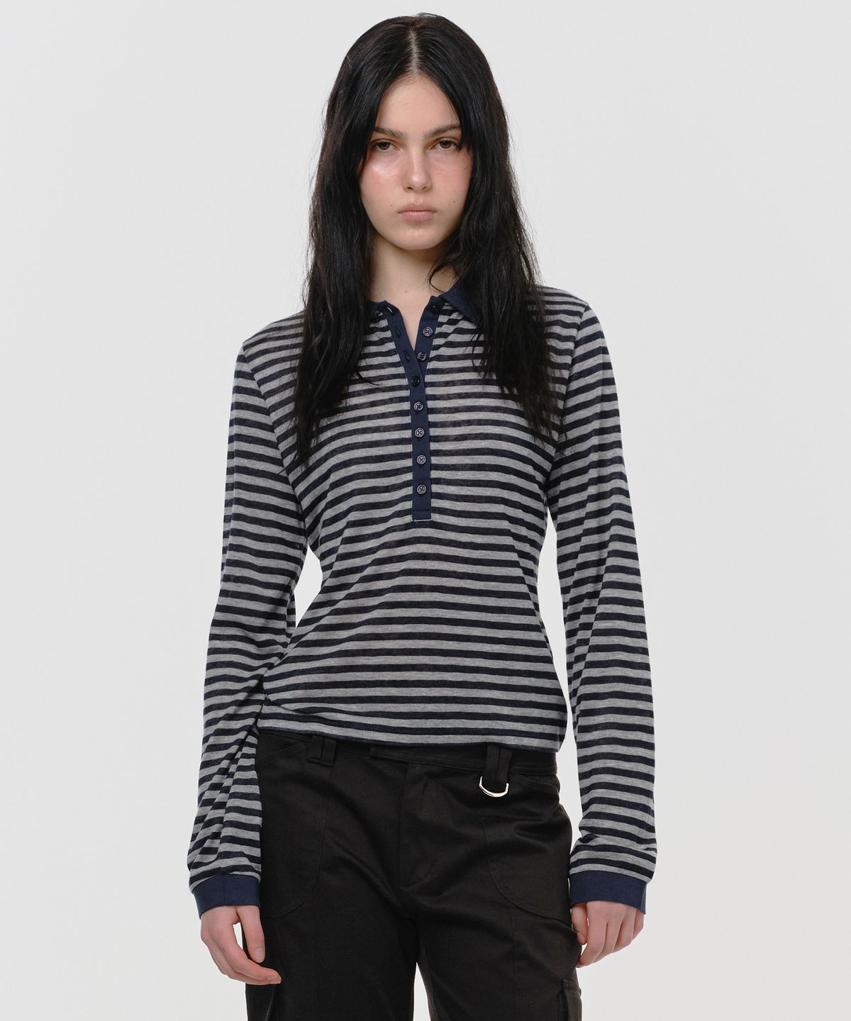 썬번프로젝트(SUNBURNPROJECT) BUTTON UP STRIPE LONG SLEEVE TOP, NAVY