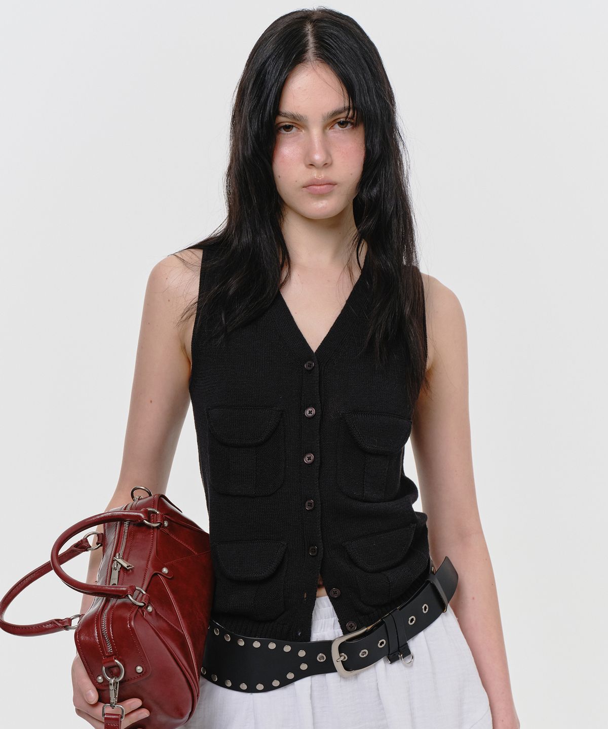 썬번프로젝트(SUNBURNPROJECT) MULTI POCKET CROP KNIT VEST, BLACK