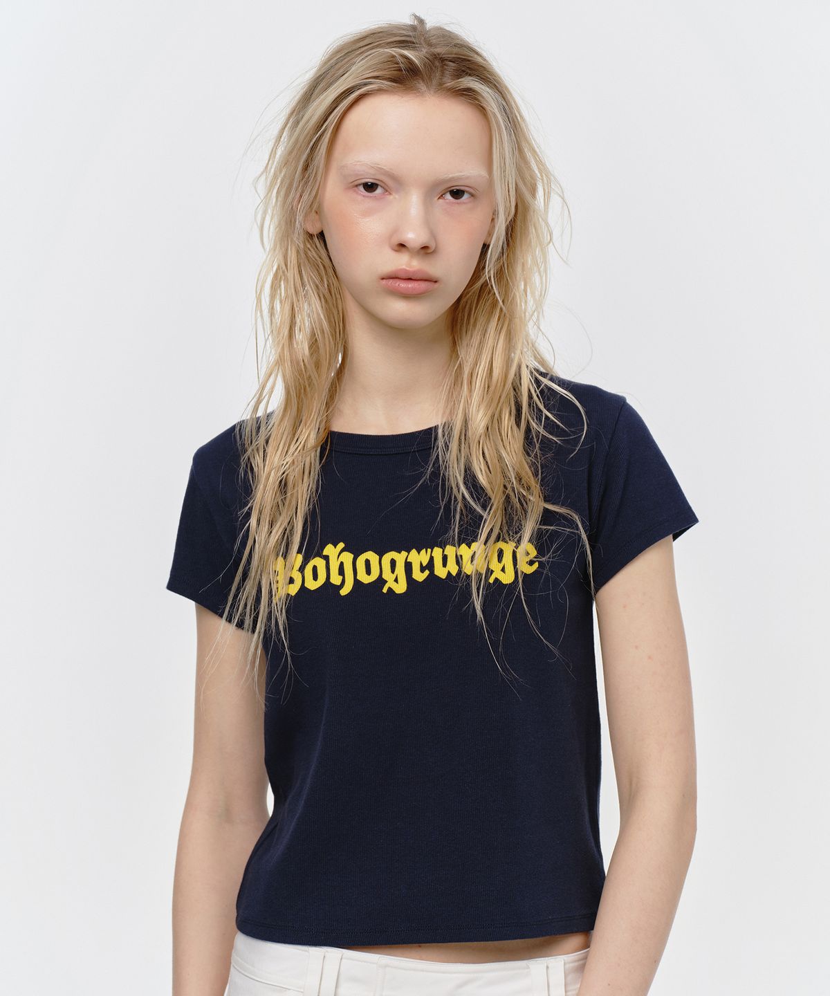 썬번프로젝트(SUNBURNPROJECT) BOHOGRUNGE CAP SLEEVE T-SHIRT, NAVY