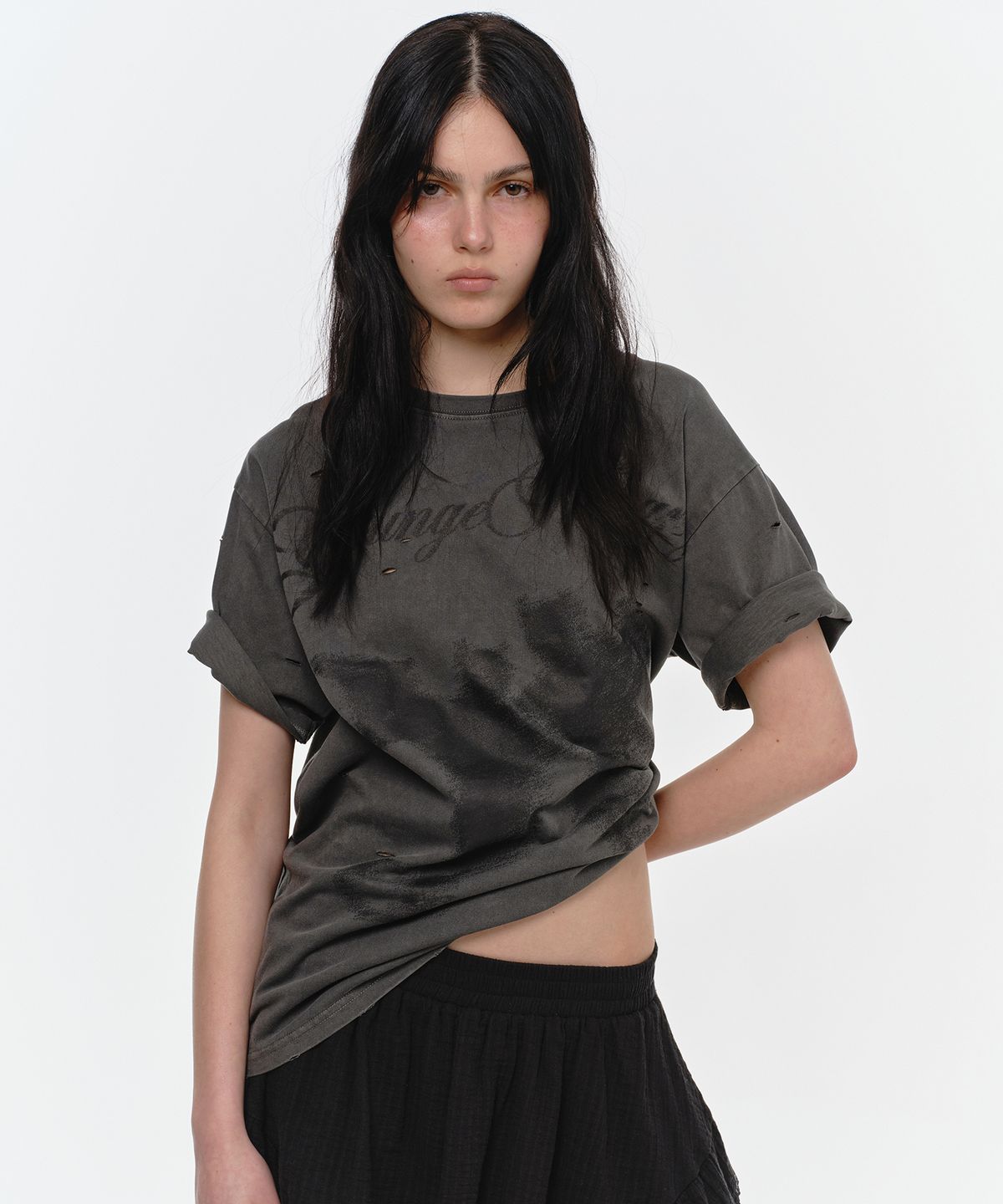 썬번프로젝트(SUNBURNPROJECT) DISTROYED DEVIL OVERFIT T-SHIRT, CHARCOAL