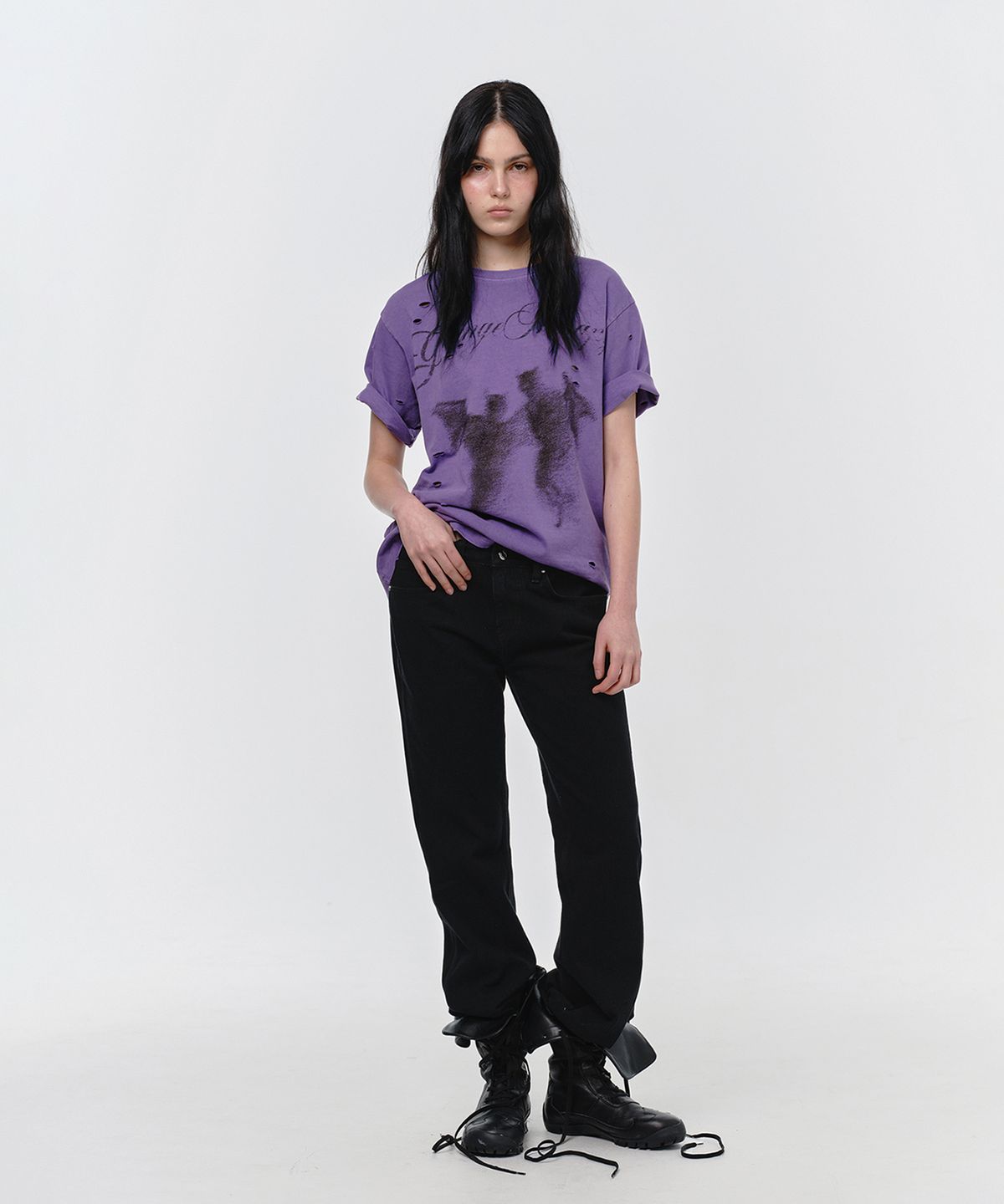 썬번프로젝트(SUNBURNPROJECT) DISTROYED DEVIL OVERFIT T-SHIRT, PURPLE