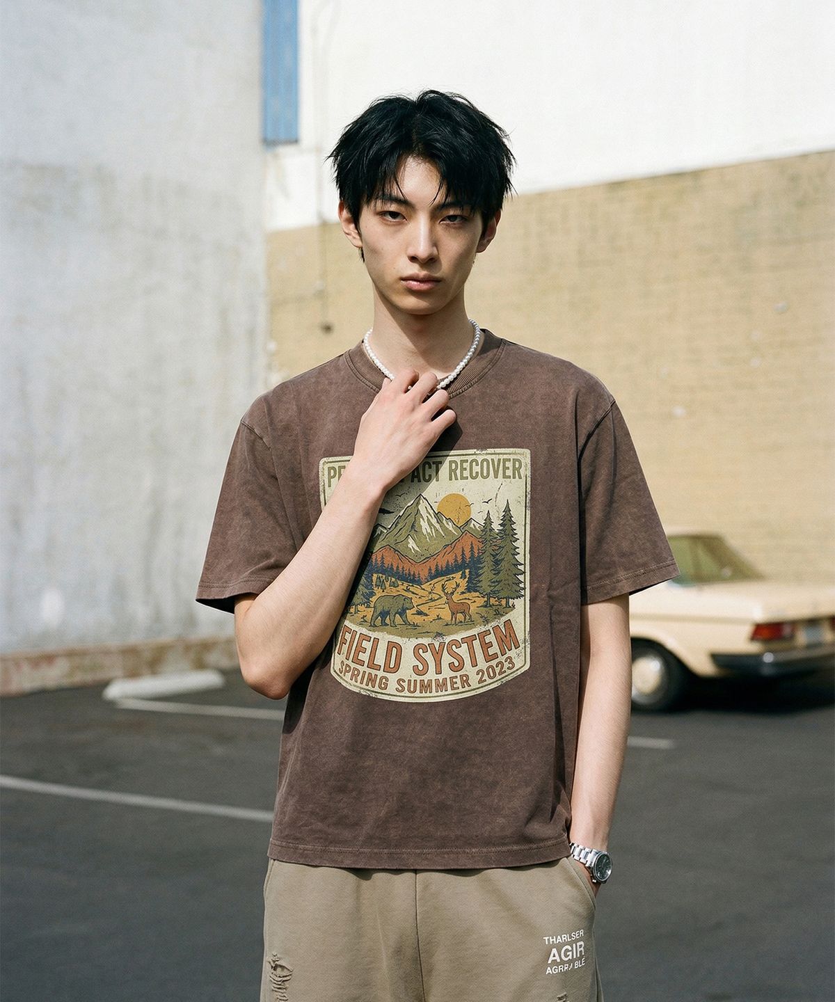 랑가주망(LENGAGEMENT) Field System Salt Wash Crop Short Sleeve T-Shirt (Mocha)