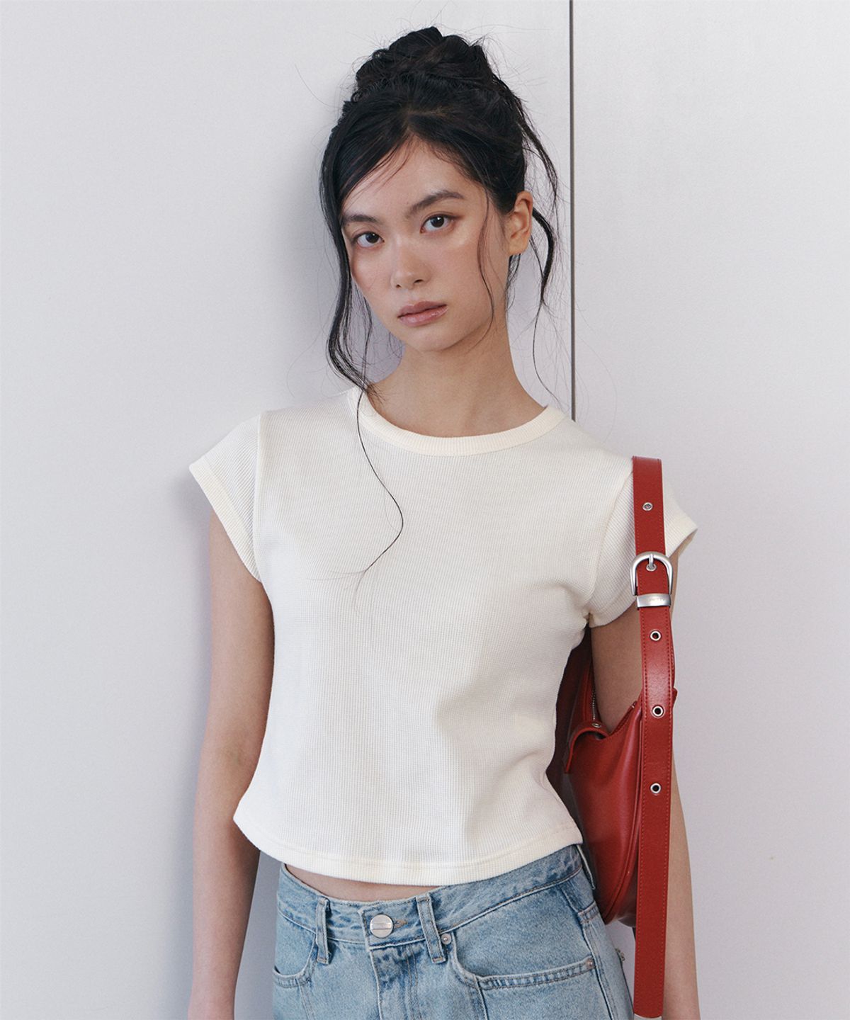 큐리티(CURETTY) C 90S LINE WAFFLE BASIC T-SHIRT_CREAM