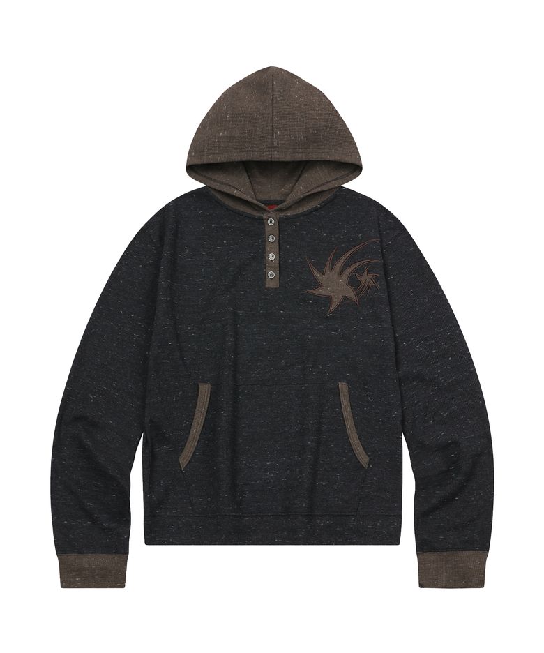 Waffle Henley Hoodie Sleeve Charcoal