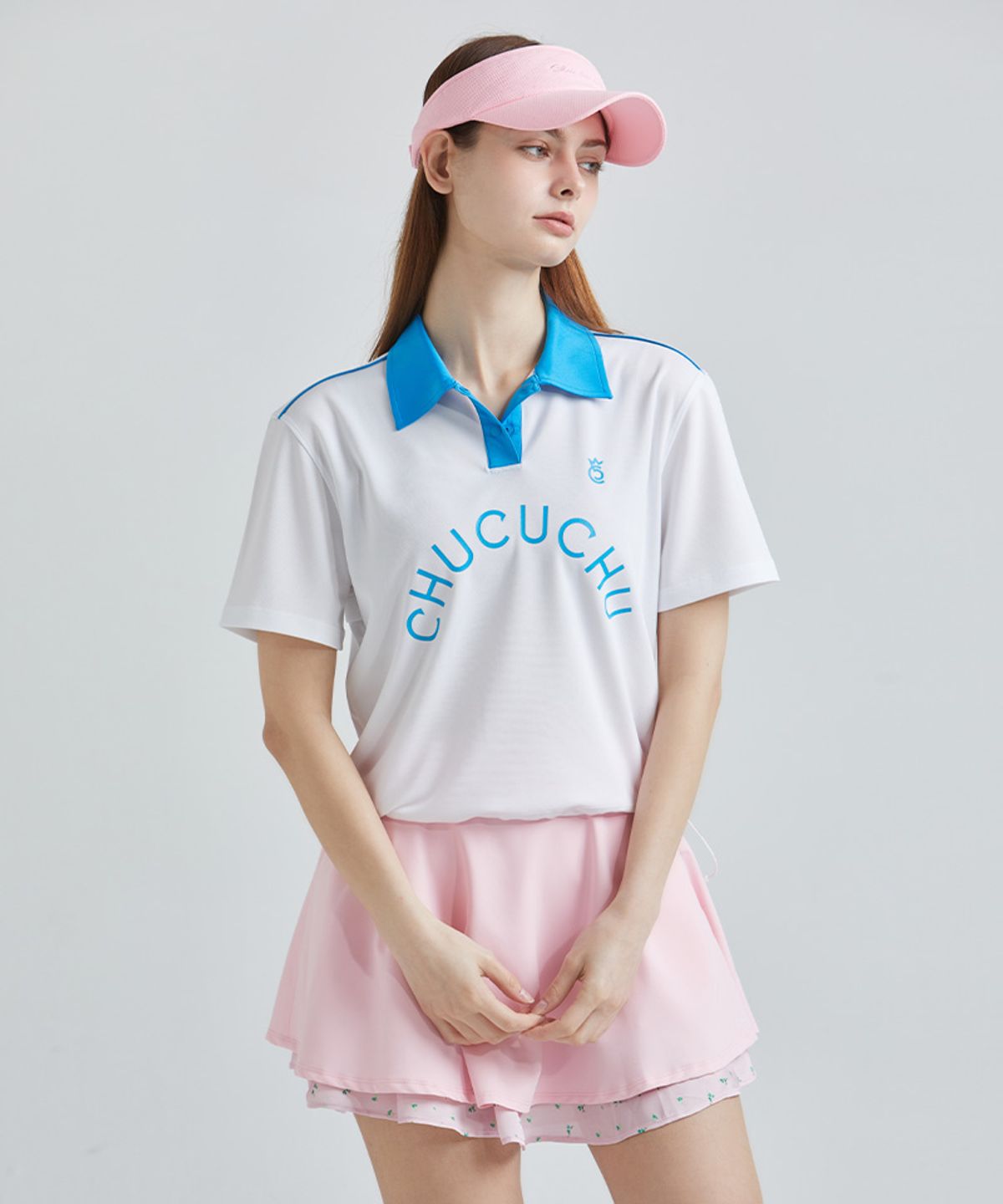 츄쿠츄(CHUCUCHU) 로고 백 메쉬 카라 숏 슬리브 탑 (WHITE) CBFSS-TS008W