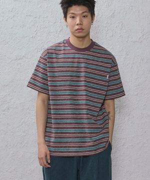 빈티지 스트라이프 포켓 반팔티셔츠(버건디)